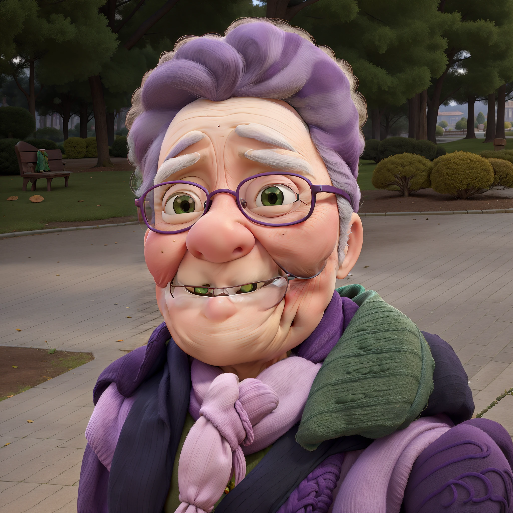masterpiece, best quality, an old woman with glasses and a scarf on, wearing a purple coat and green scarf, standing at the park
