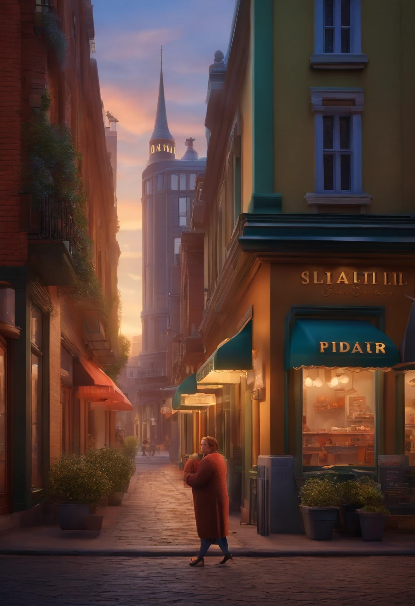 3d pixar style drawing of a slimming clinic in the city center with a character in the foreground