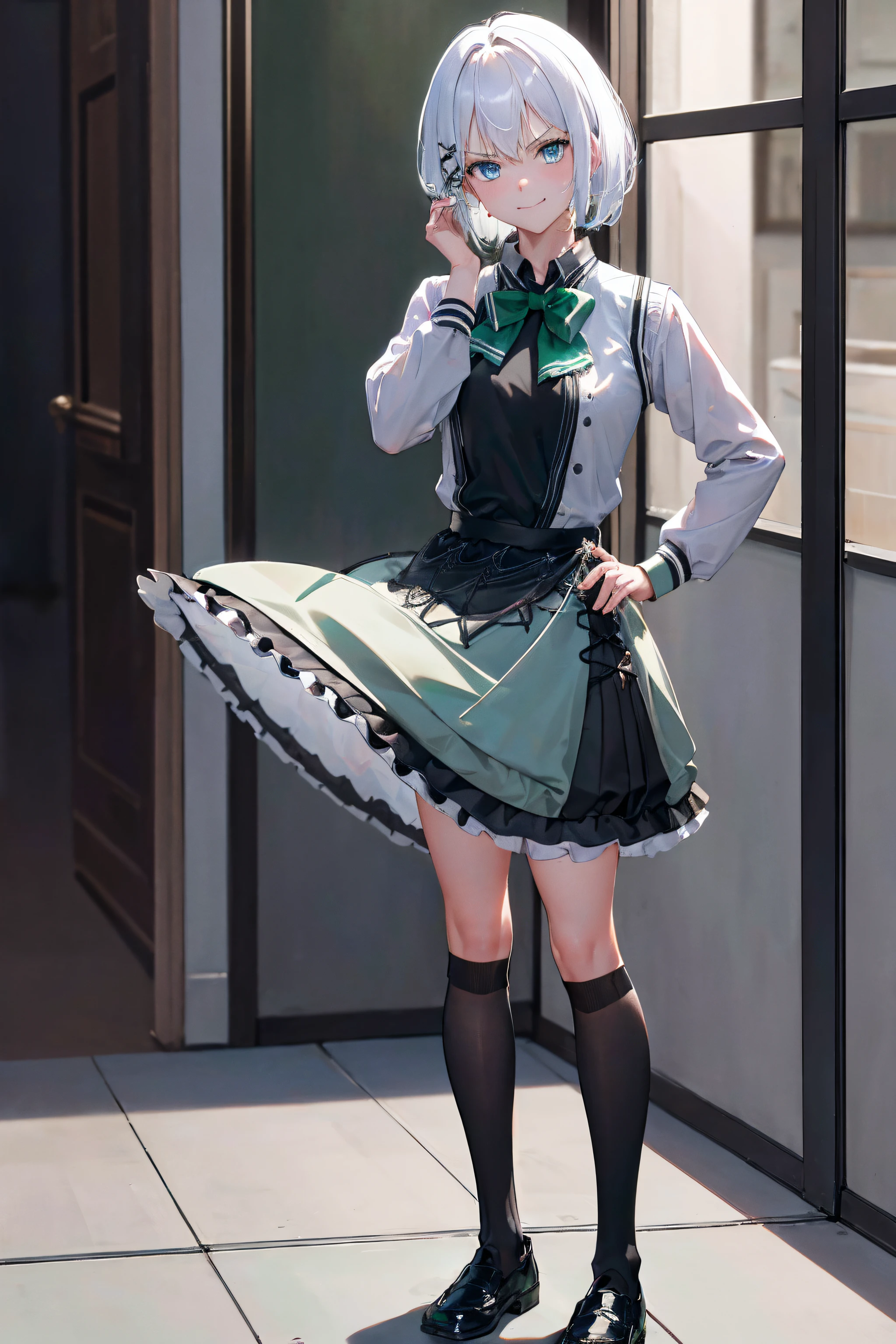 masterpiece, best quality, highres, 1girl white hair blue eyes x hair ornament,(wearing black footwear, kneehighs, green skirt, black socks, loafers, green bow, sweater vest, green ribbon:1.2), standing, leaning forward, (hand on hip, angry, pov :1.2), smile, simple background,NSFW,official art,extremely detailed CG unity 8k wallpaper, perfect lighting, (masterpiece:1.0),(best_quality:1.0), ultra high res,4K,ultra-detailed, photography, 8K, HDR, highres, absurdres:1.2, Kodak portra 400, film grain, blurry background, bokeh:1.2, lens flare, (vibrant_color:1.2),(beautiful_face:1.5),(narrow_waist),(perfect hands, perfect anatomy),