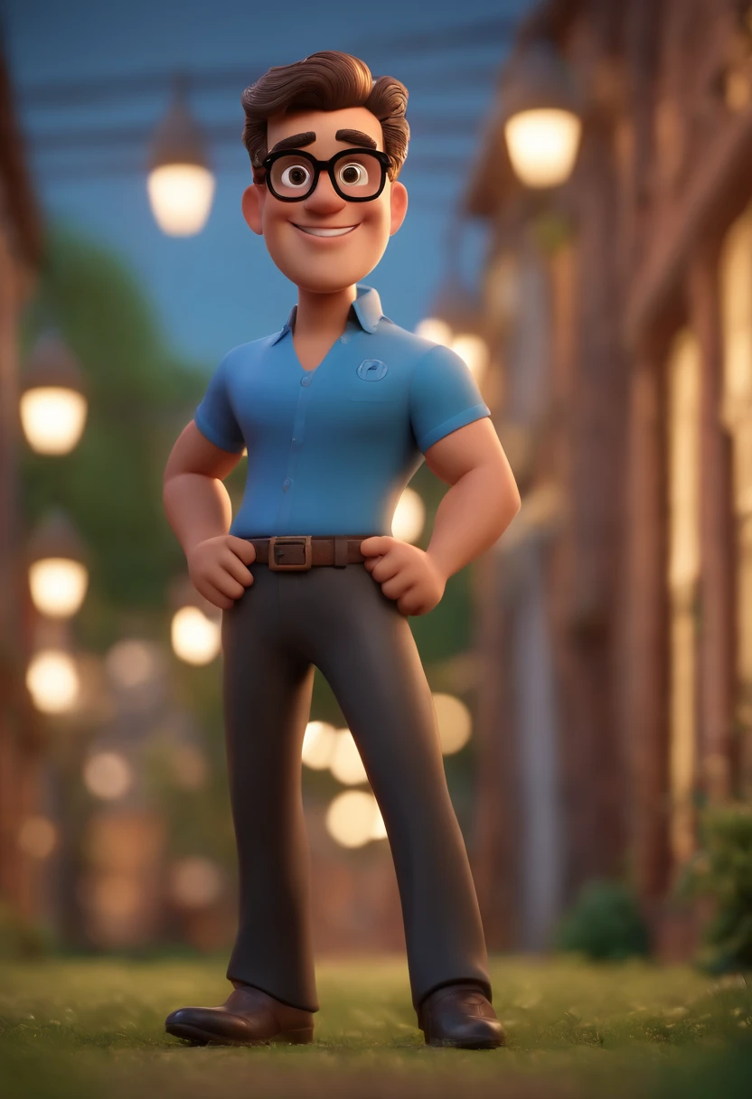 Cartoon character of a man wearing black glasses and a blue shirt, um personagem animado, Caractere estilizado, animation style rendering, 3D estilizado, Arnold Maya render, 3 d render stylized, toon render keyshot, Personagem 3D, Personagem 3D, 3d rendering stylized, 3 d character render, personagem de desenho animado, Personagem de close up, Pose de personagem, (Estilo Pixar) (master part:1.2) (Bokeh) (best quality) (pele detalhada) (textura detalhada) (8k) (argila) (Cinematic lighting) (foco nítido,Senta e vaza a parte superior do corpo