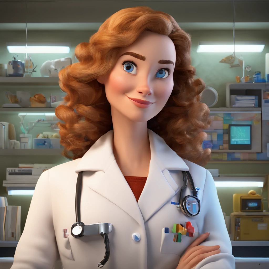 create a 3D movie poster inspired by Disney Pixar, The scene should be in Pixar's signature digital art style, with a caricature image of a white woman with curly hair, medium size, light brown color, with a lab coat in a medical lab