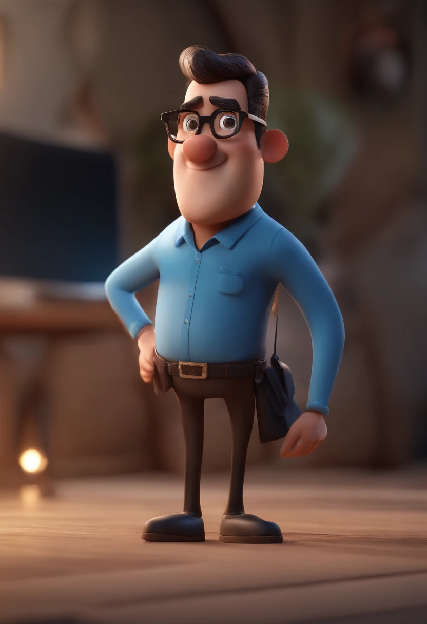 Cartoon character of a man with black glasses and a blue shirt, animation character, Caractere estilizado, animation style rendering, 3D estilizado, Arnold Maya render, 3 d render stylized, toon render keyshot, Personagem 3D, Personagem 3D, 3d rendering stylized, 3 d character render, personagem de desenho animado, Personagem de close up, Pose de personagem, (Estilo Pixar) (master part:1.2) (Bokeh) (best quality) (pele detalhada) (textura detalhada) (8k) (argila) (Cinematic lighting) (foco nítido