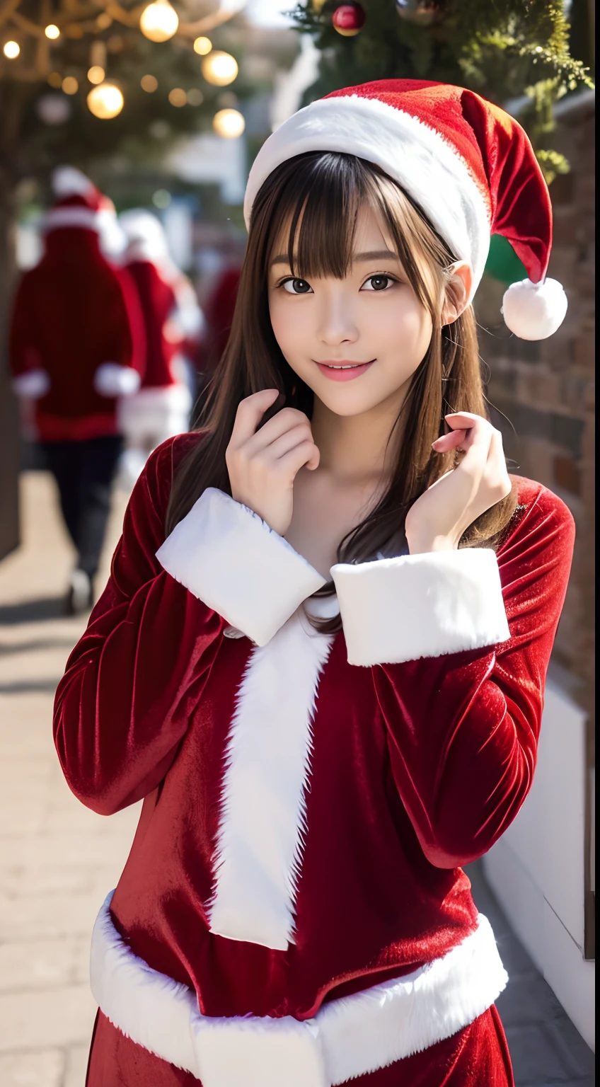 tre anatomically correct,Masterpiece of,High image quality,(Cute Santa Claus costumes:1.5),(The material of the costume is fine velvet:1.4),(The white fur part of the costume is mink., Accentuate the fluffiness:1.4),15 years old, Japan Female, (Random posture:1.4),Professional Lighting,((Japan Hair Smooth Straight Hair)),((Natural smile)),The ultra-detailliert、High quality textures、intricate detailes、detaileds、Very detailed CG、High quality shadows、Detail Beautiful delicate face、Detail Beautiful delicate eyes、depth of fields、Ray traching,1girl in, japanaese girl, Fashion Model, slender,Warm atmosphere,Outdoors with a Christmas atmosphere