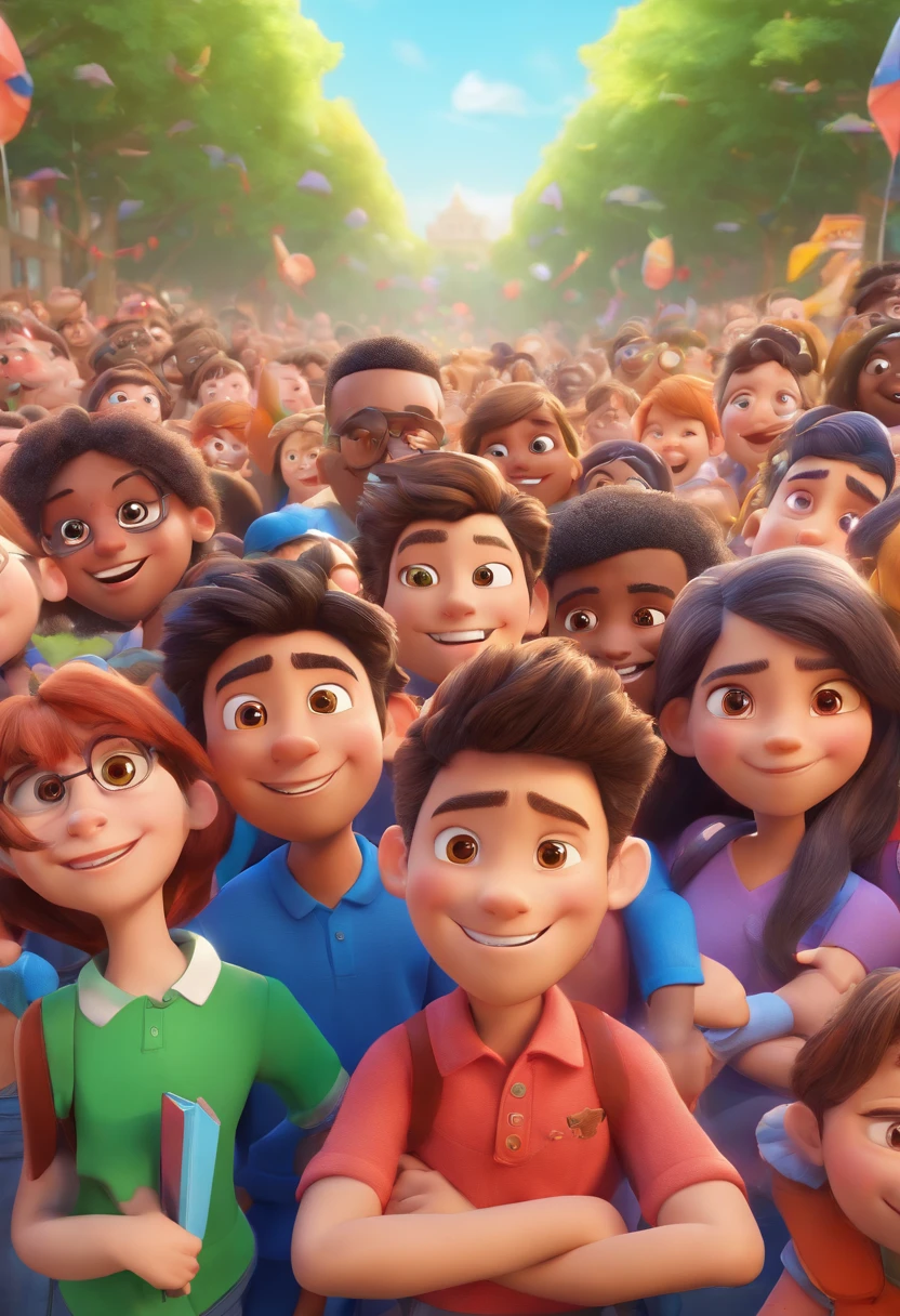 Cartoon of school children together,  3D Animation Movie Poster, Poster de filme animado, pixar 3 d animation style, pixar renderman rendering, maia 8 mil, all wearing dark blue shirts and light jeans, Disney Pixar Animation Poster