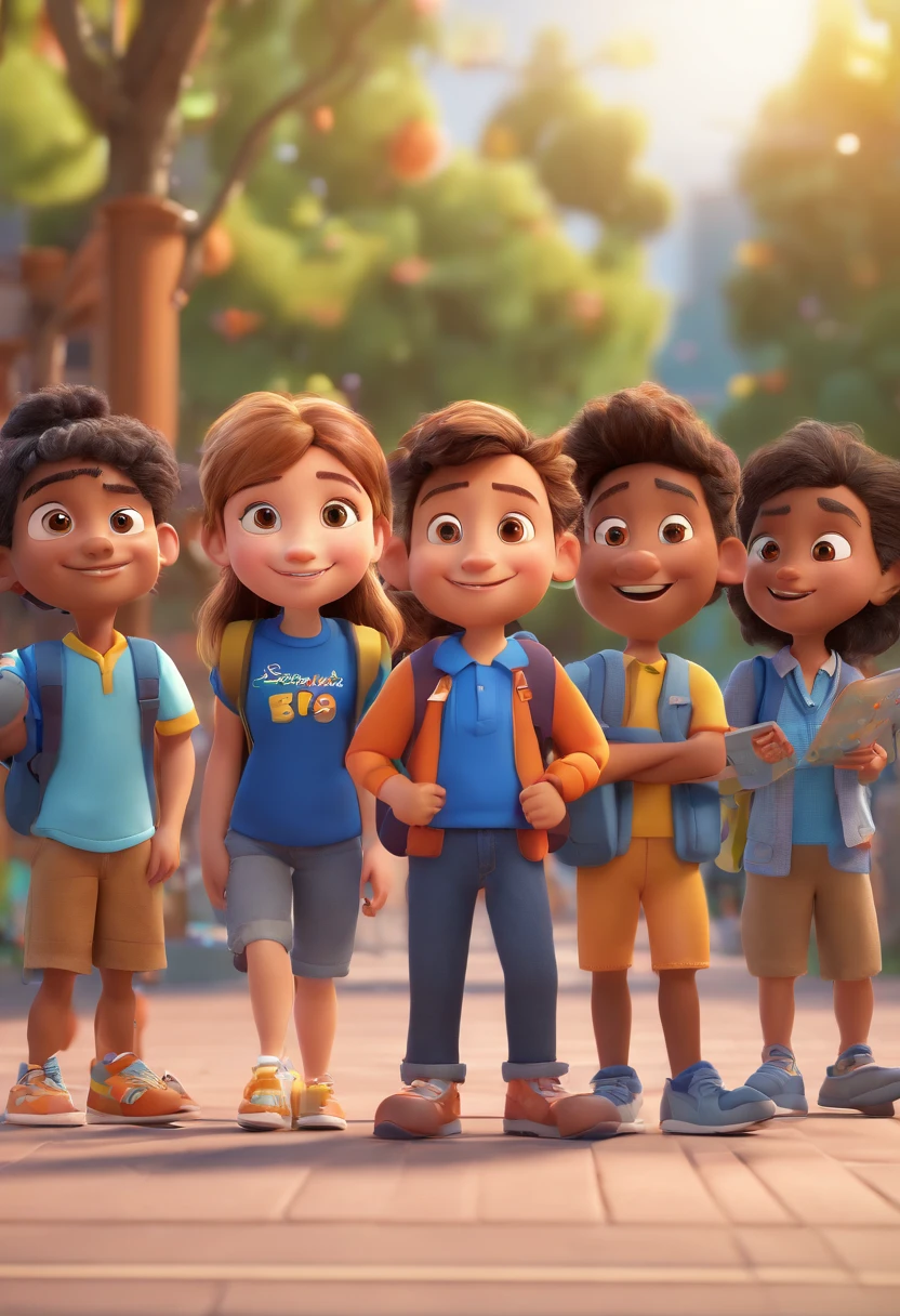 Cartoon of  together,  3D Animation Movie Poster, Poster de filme animado, pixar 3 d animation style, pixar renderman rendering, maia 8 mil, all wearing dark blue shirts and light jeans, Disney Pixar Animation Poster