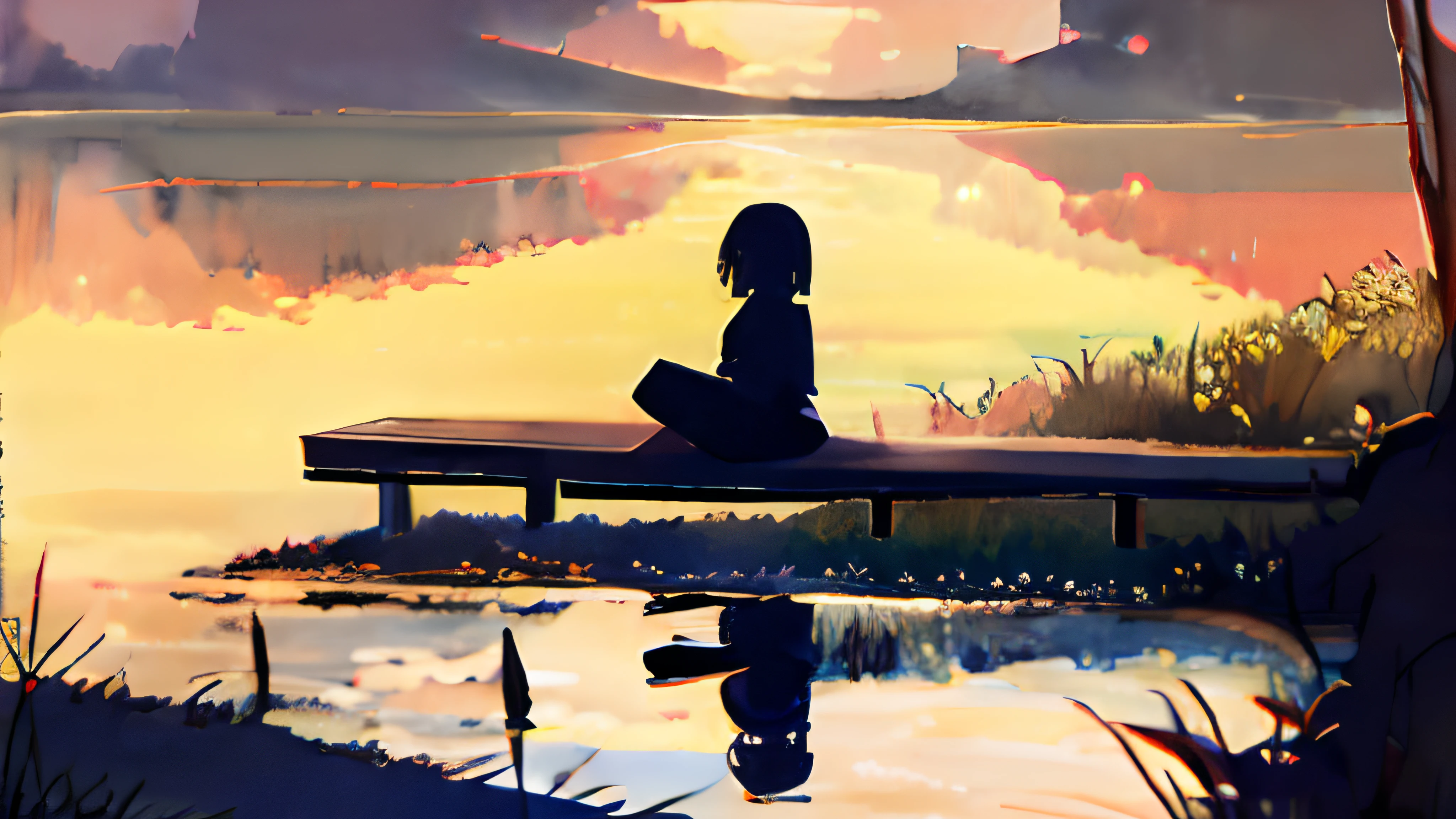 pond, wooden bench, person sitting beside a pond on a bench, silhouette, dusk