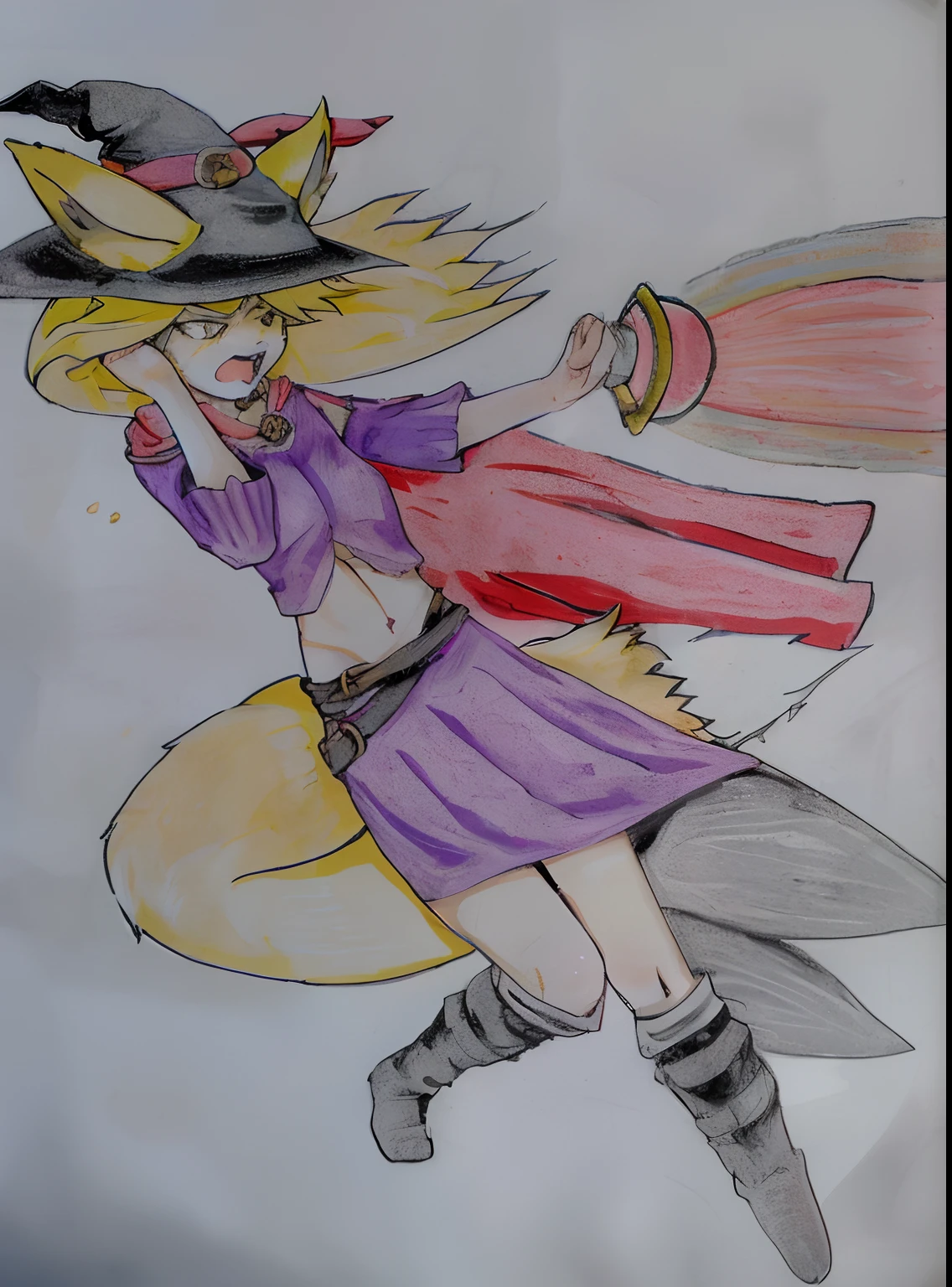 1girl, blonde, petite, fox ears, fox tail, witch hat, mage, magic, spellcasting, angry, flying backwards, fixing hair