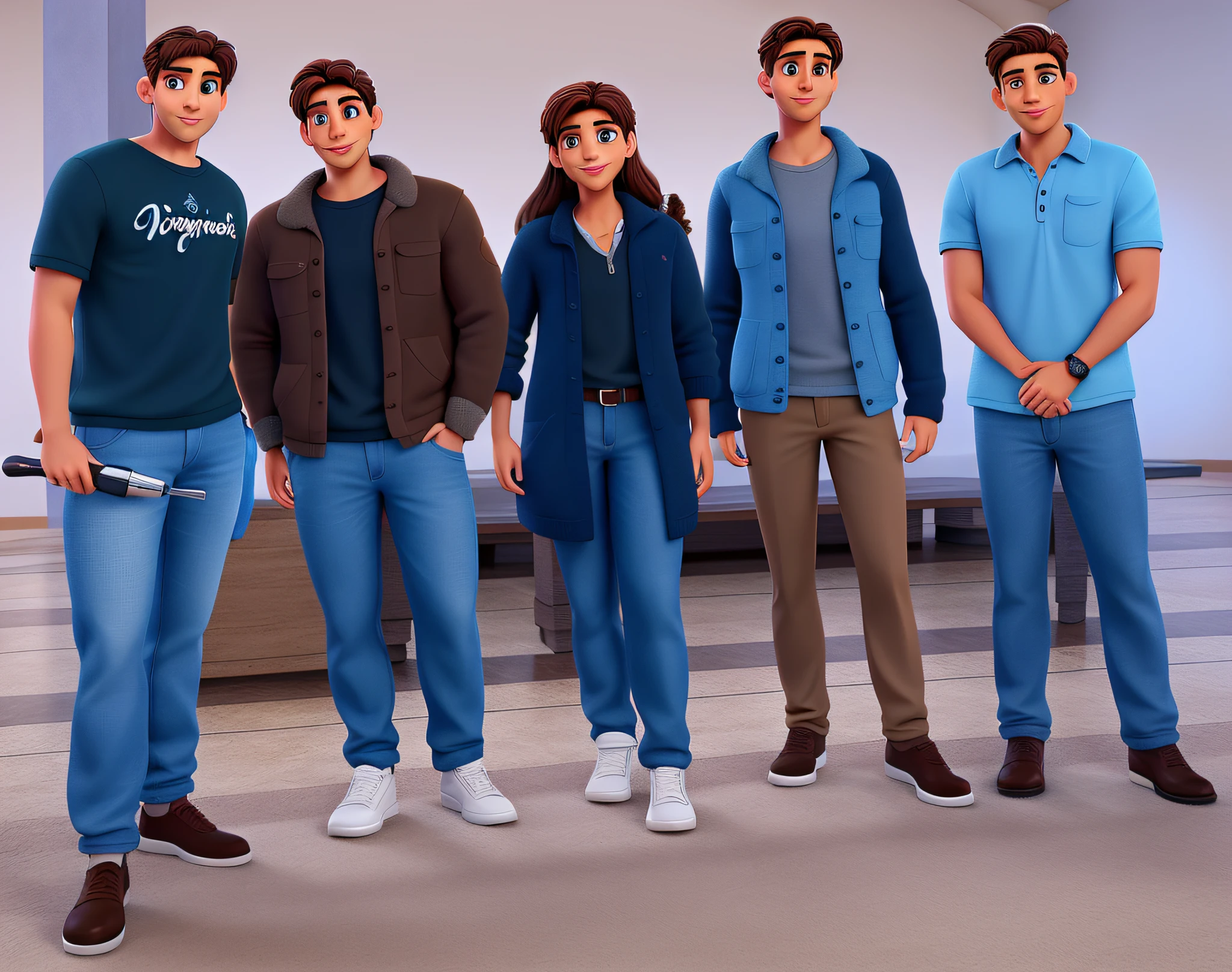 Four handsome men with clear face, with round and beautiful brown color eyes and a beautiful woman with brown hair with clear face, sorrindo, com os olhos redondos e bonitos da cor marrom, no estilo disney pixar, alta qualidade