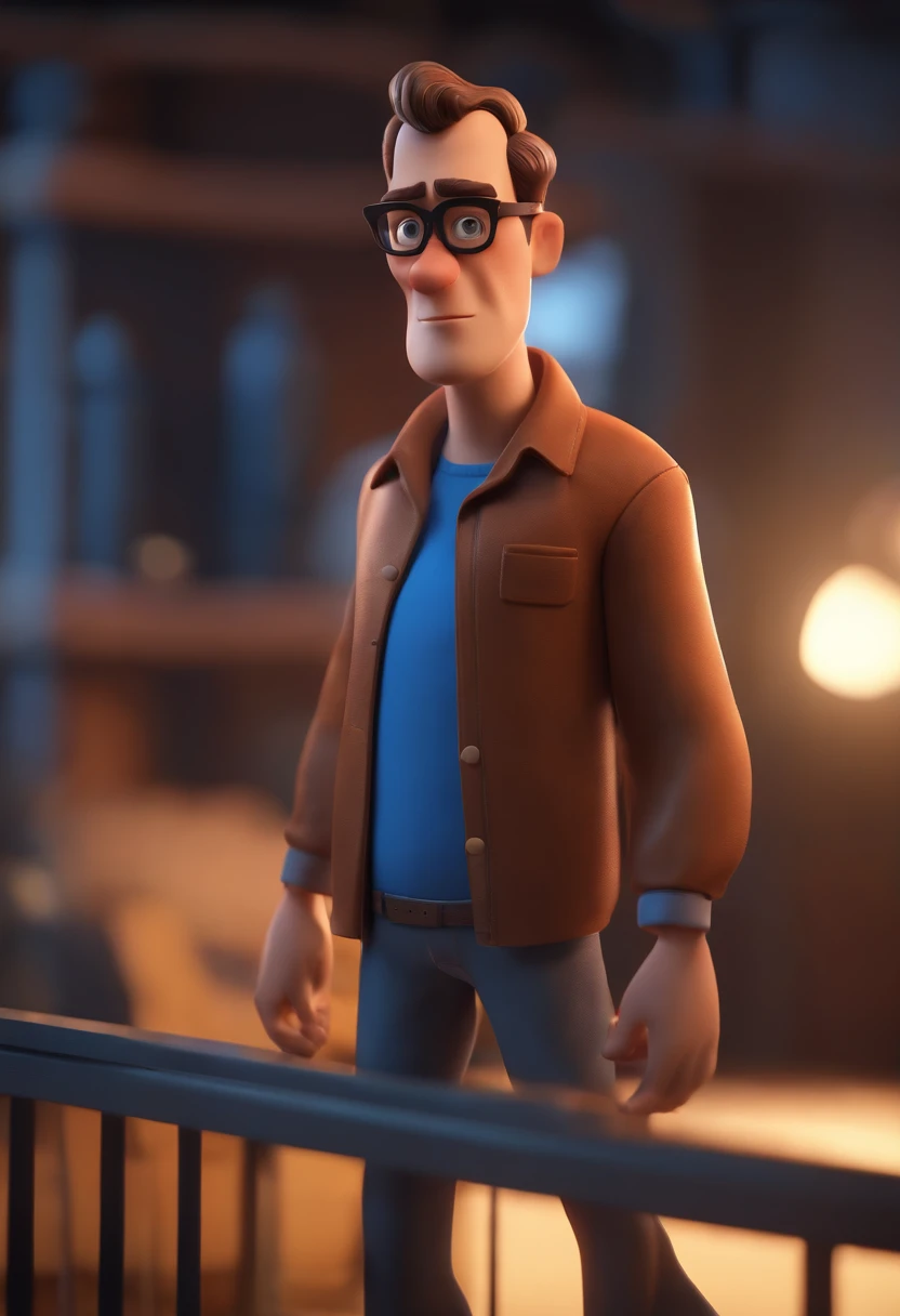 Cartoon character of a man wearing black glasses and a blue shirt, um personagem animado, Caractere estilizado, animation style rendering, 3D estilizado, Arnold Maya render, 3 d render stylized, toon render keyshot, Personagem 3D, Personagem 3D, 3d rendering stylized, 3 d character render, personagem de desenho animado, Personagem de close up, Pose de personagem, (Estilo Pixar) (master part:1.2) (Bokeh) (best quality) (pele detalhada) (textura detalhada) (8k) (argila) (Cinematic lighting) (foco nítido,Senta e vaza a parte superior do corpo