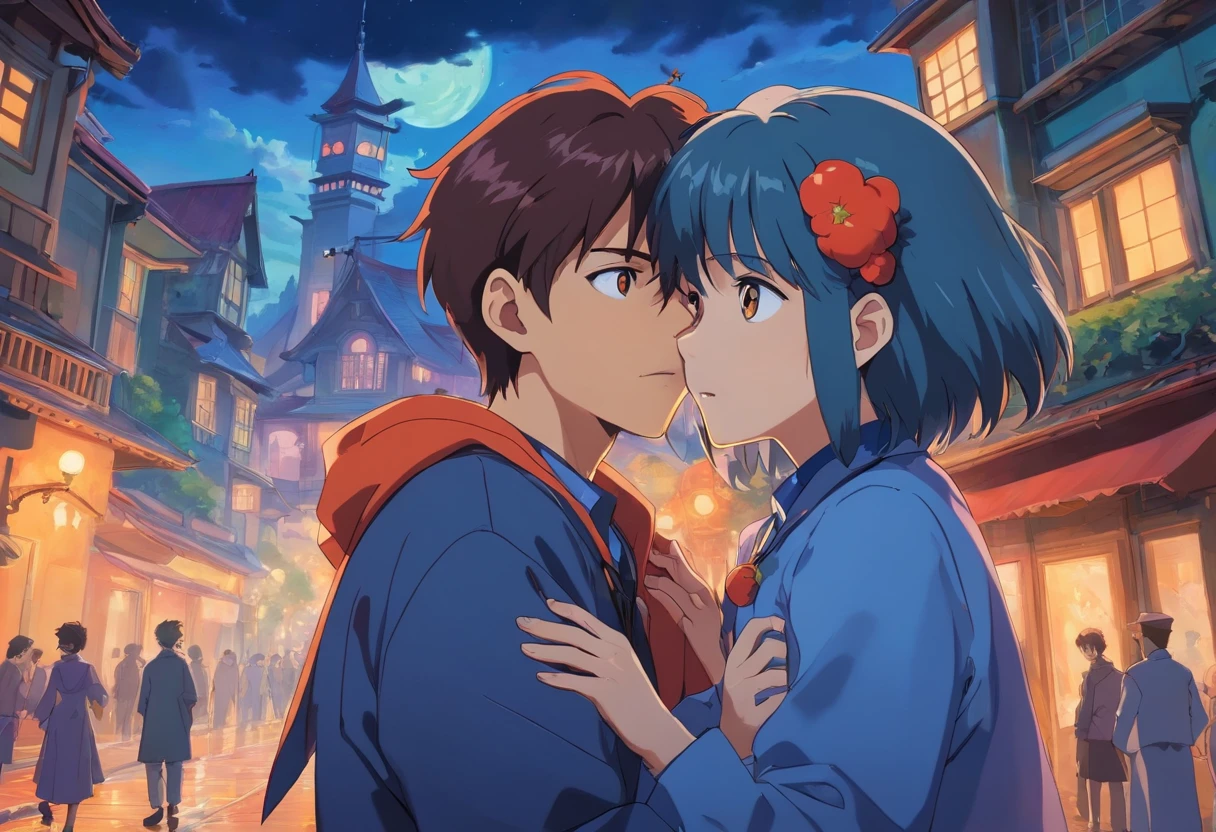 Anime art of Misato Katsuragi from Neon Genesis Evangelion, detailed scene, stunning details, trending on artstation, rainy day, ray-traced environment, vintage 90's anime artwork. Two men in their 20s hugging a Maltese dog. One man has dark skin, curly hair and a blue cap and the other white, has a beard. They are dressed up as zombies for Halloween. In the background there is a haunted mansion.