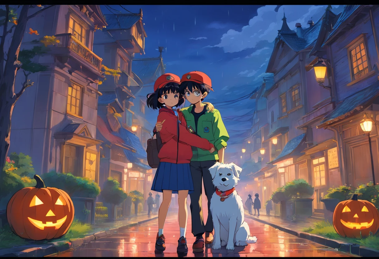 Anime art of Misato Katsuragi from Neon Genesis Evangelion, detailed scene, stunning details, trending on artstation, rainy day, ray-traced environment, vintage 90's anime artwork. Two men in their 20s hugging a Maltese dog. One man has dark skin, curly hair and a blue cap and the other white, has a beard. They are dressed up as zombies for Halloween. In the background there is a haunted mansion.