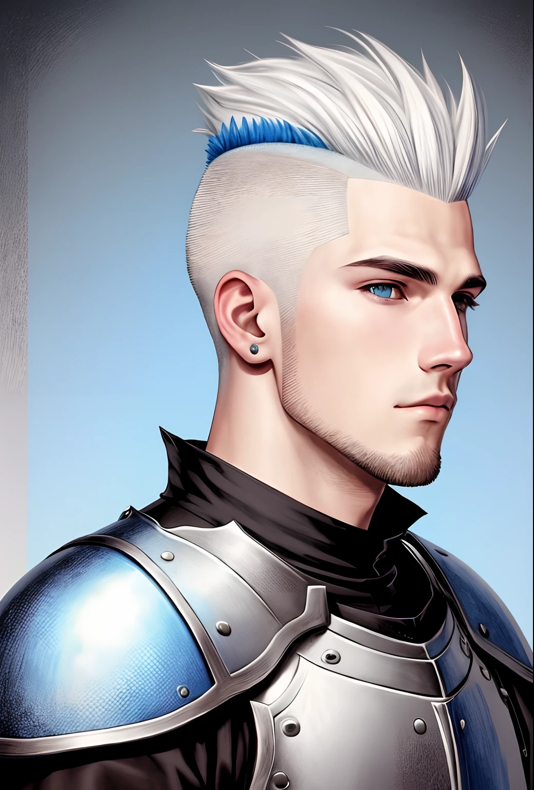 A hand drawn full color picture. A 28 year old knight. He has white hair. He has an undercut hairstyle. The sides of his head are buzzed and the top is spiked. His eyes are blue.