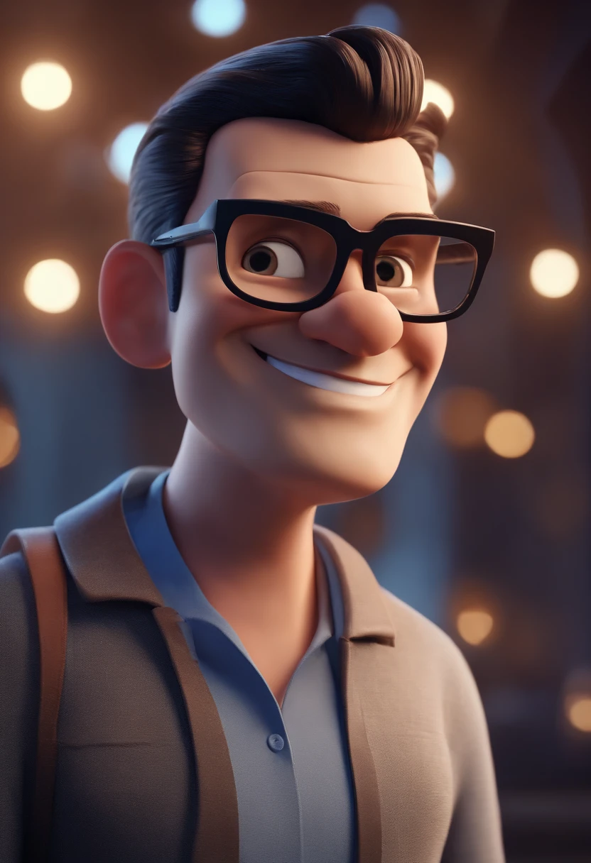 Cartoon character of a man with black glasses and a blue shirt, animation character, Caractere estilizado, animation style rendering, 3D estilizado, Arnold Maya render, 3 d render stylized, toon render keyshot, Personagem 3D, Personagem 3D, 3d rendering stylized, 3 d character render, personagem de desenho animado, Personagem de close up, Pose de personagem,  (Estilo Pixar) (master part:1.2) (Bokeh) (best quality) (pele detalhada) (textura detalhada) (8k) (argila) (Cinematic lighting) (foco nítido