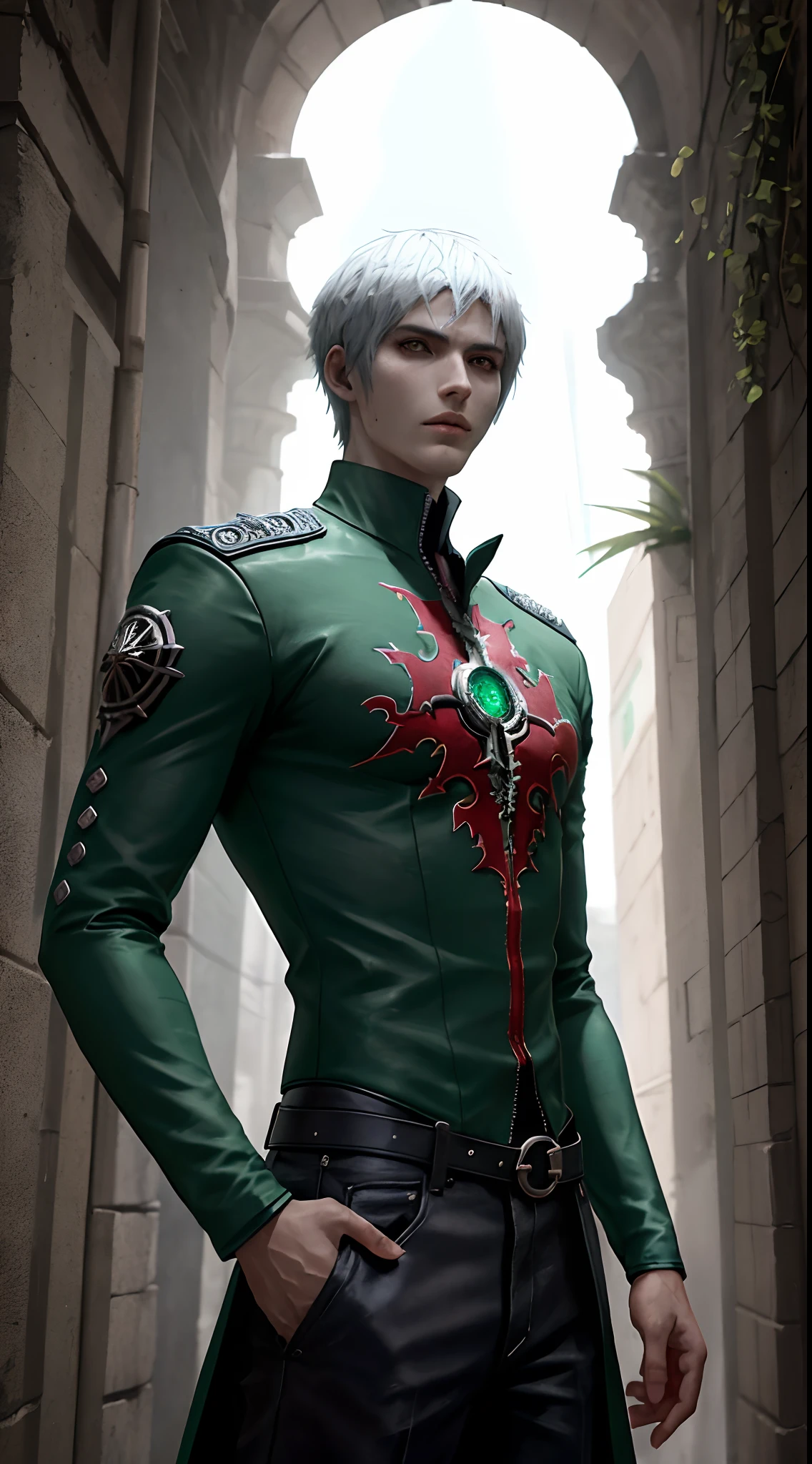 Personagem de anime, em um mundo futurista, baseado na aparencia, de Dante personagem do jogo devil me cry, com olhos verdes e usando camiseta branca, sobretudo preto, Standing in front of me looking at the camera