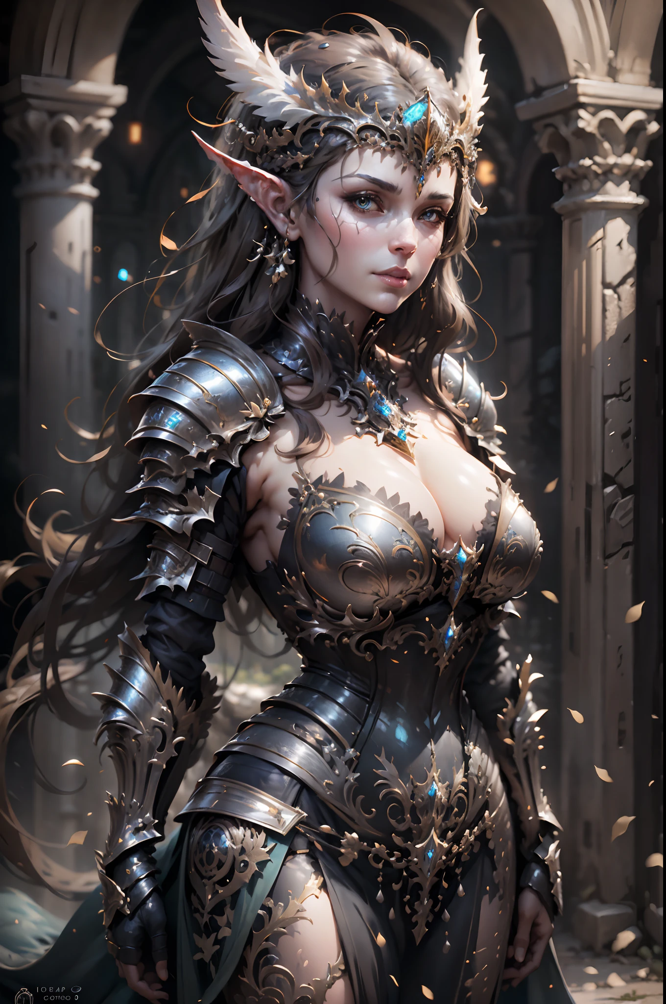 a beautiful armored warrioress, huge and heavy breasts, masterpiece, best quality, 8k, blurred background, medieval fantasy castle in the background