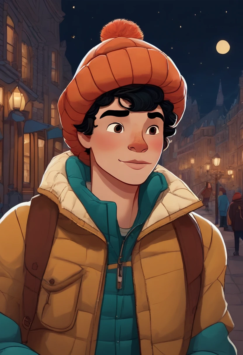 Cartoon illustration inspired by Disney: Em um bar iluminado pela luz suave da noite, a thin young man wearing a beret on his head and wearing a puffer jacket on the north face. ilustrado com apelo atemporal dos personagens da disney