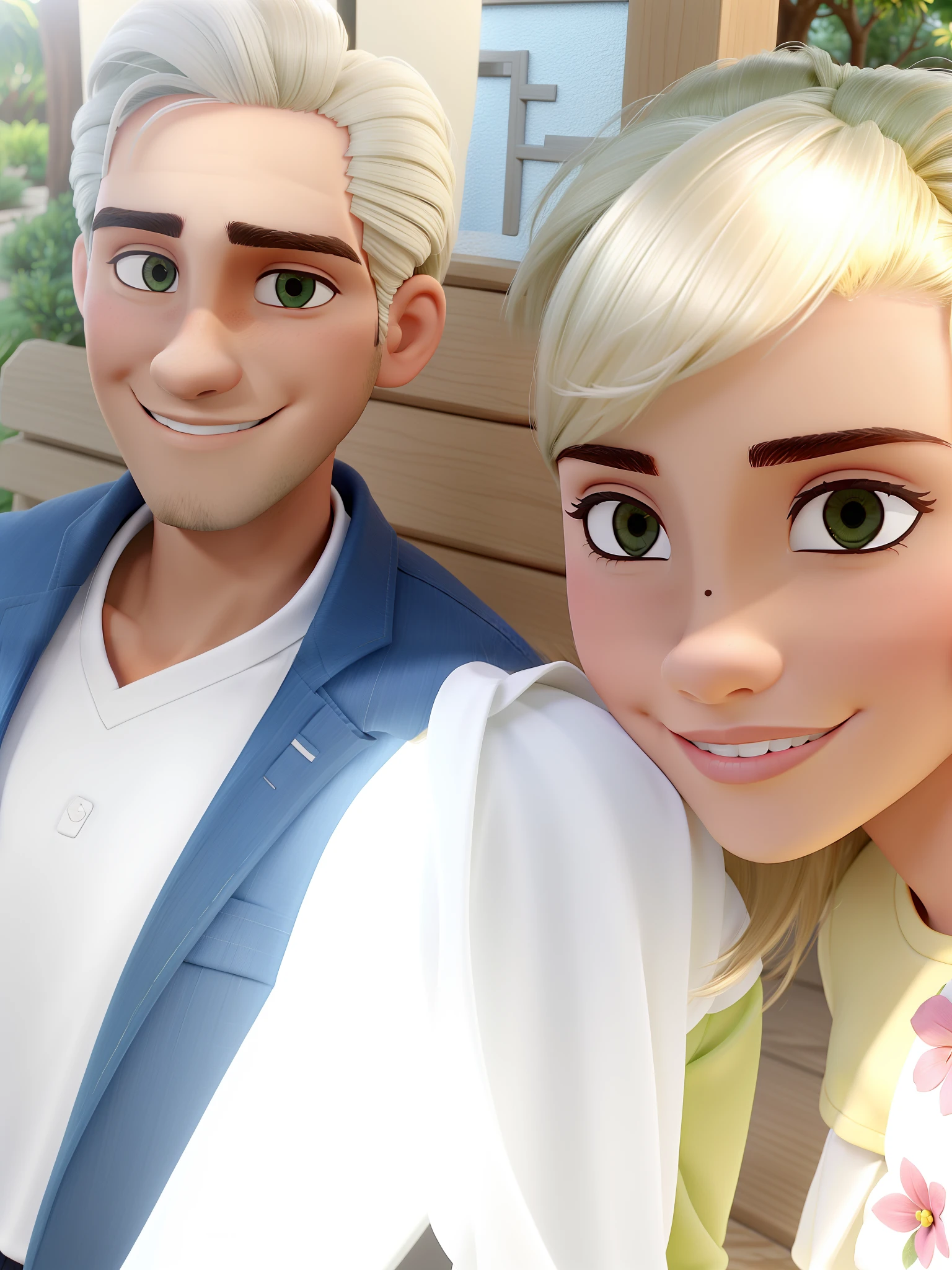 um bonito casal evangelico, a mulher tem cabelos pretos amarrados e o homem tem cabelo grisalho sentados em um jardim encantado