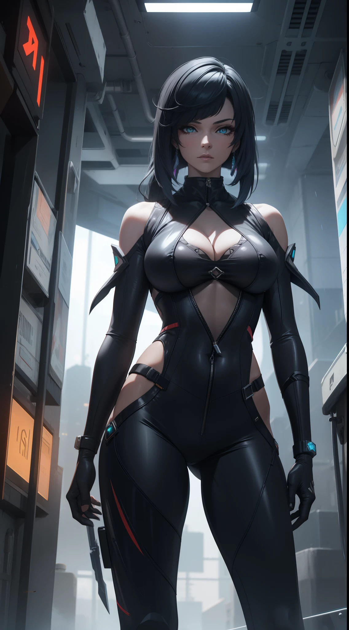 Futuristic, cyberpunk, Best quality, masterpiece, 16K, HDR, RTX, unreal engine 5, octane render, realistic, highly detailed, Beautiful, cool, edgy, model, tall girl in transparent plastic jacket, black pants, midriff, sexy, stylish, rich, elegant, cleavage, long pony tail, bangs, jewelry.