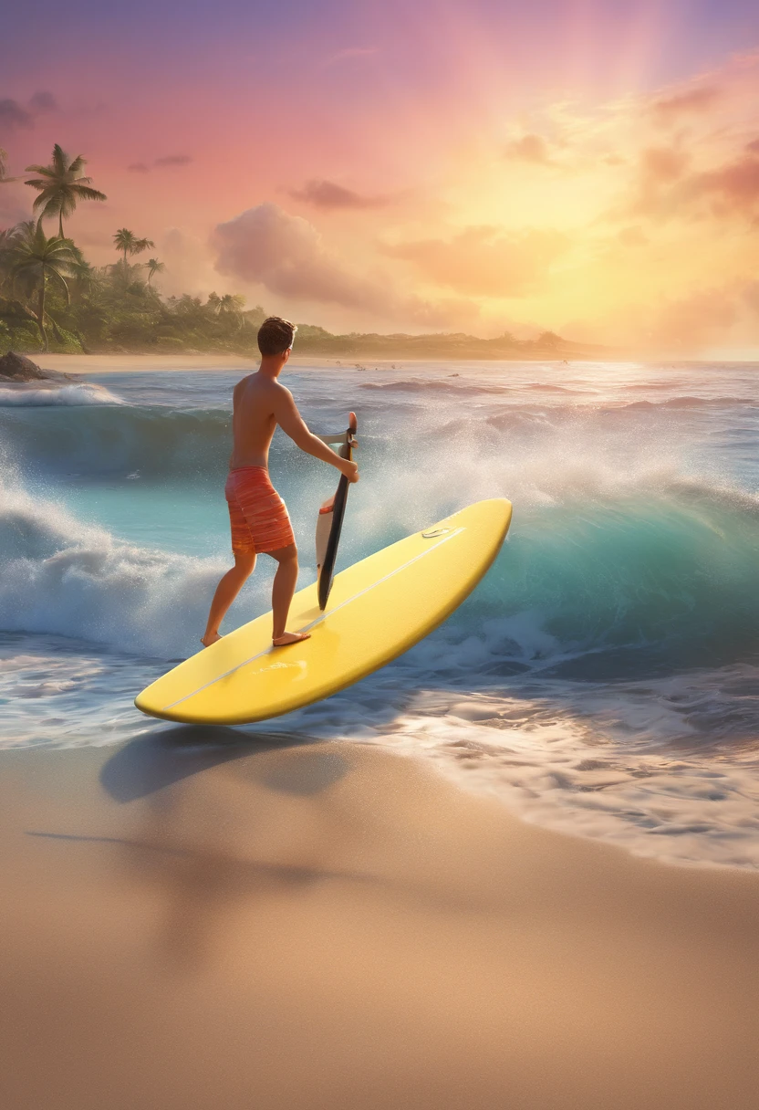 Crie um cartaz de um adolescente surfista em uma praia da bahia