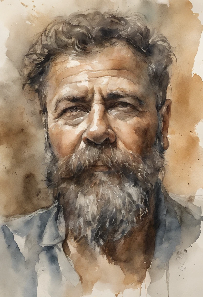 Retrato de um homem com uma barba grande, Corrosion in dry spot, extremamente detalhado, hatching, hiper-realista, aquatint, desenho de linha, realismo, litografia, Washi, trending on ArtStation, foco nítido, Studio photo, detalhes intrincados, altamente detalhado, Directed by: Greg Rutkowski
