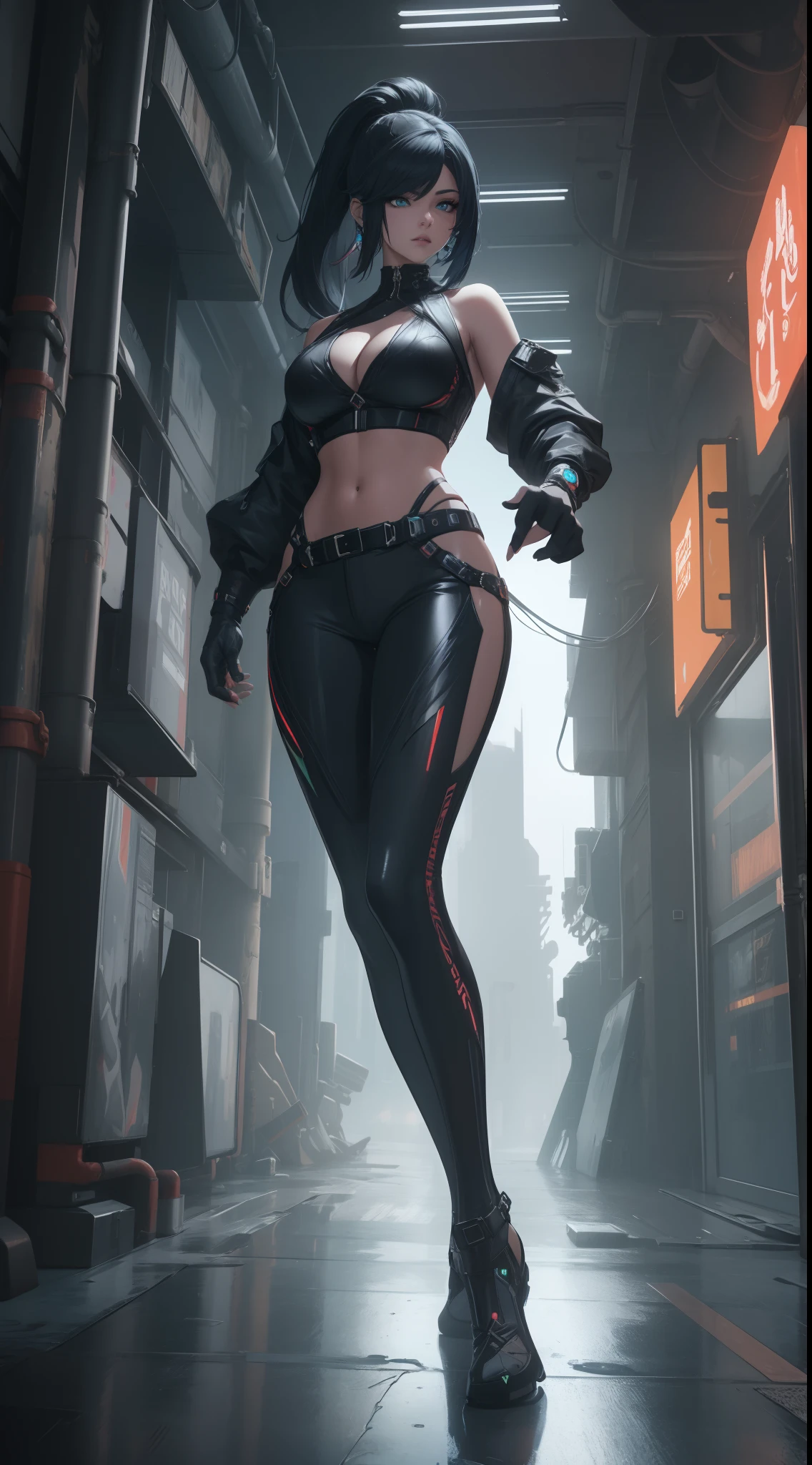 Futuristic, cyberpunk, Best quality, masterpiece, 16K, HDR, RTX, unreal engine 5, octane render, realistic, highly detailed, Beautiful, cool, edgy, model, sexy woman, sexy top, black pants, midriff, sexy, stylish, rich, elegant, cleavage, long pony tail, bangs, jewelry.