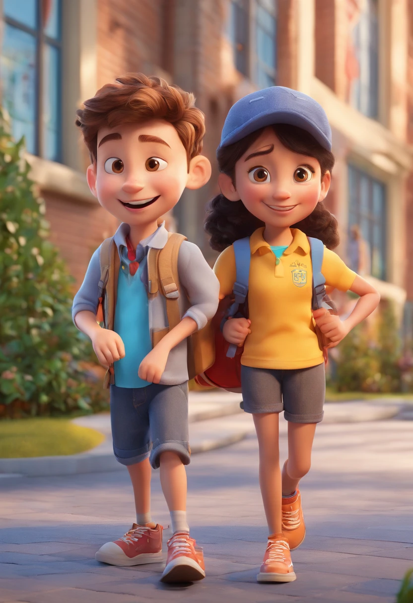 Cartoon of two  together,  3D Animation Movie Poster, Poster de filme animado, pixar 3 d animation style, pixar renderman rendering, todos vestindo camisas azuis escuras e jeans claros, Disney Pixar Animation Poster