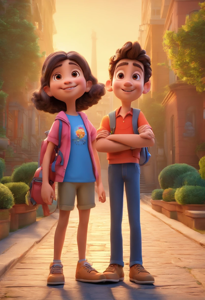 Cartoon of two together, 3D Animation Movie Poster, Poster de filme animado, pixar 3 d animation style, pixar renderman rendering, todos vestindo camisas azuis escuras e jeans claros, Disney Pixar Animation Poster
