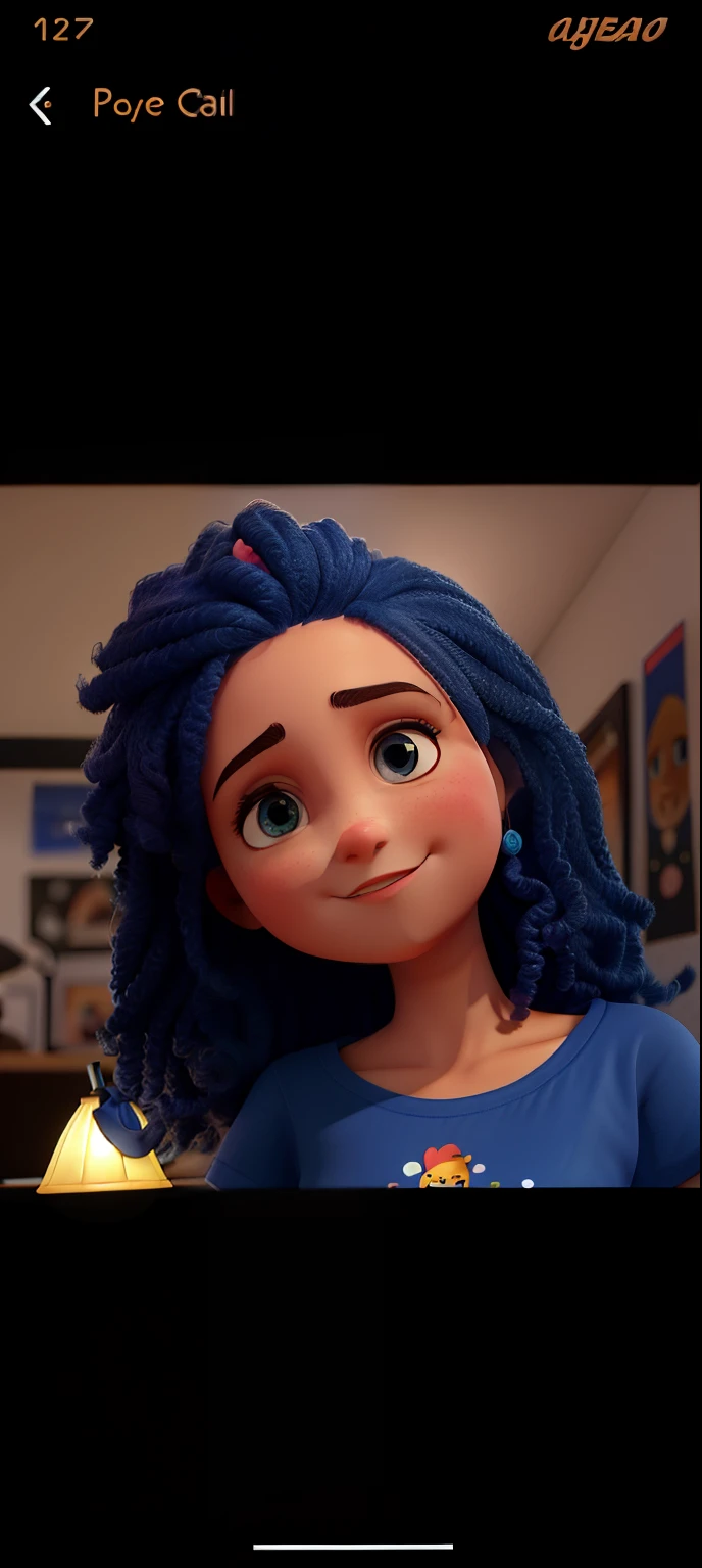 uma menina jovem linda, cabelos pretos cacheados , olhar encantador, vestindo uma camiseta preta com detalhes em azul e laranja, illuminated by the light of a lamp