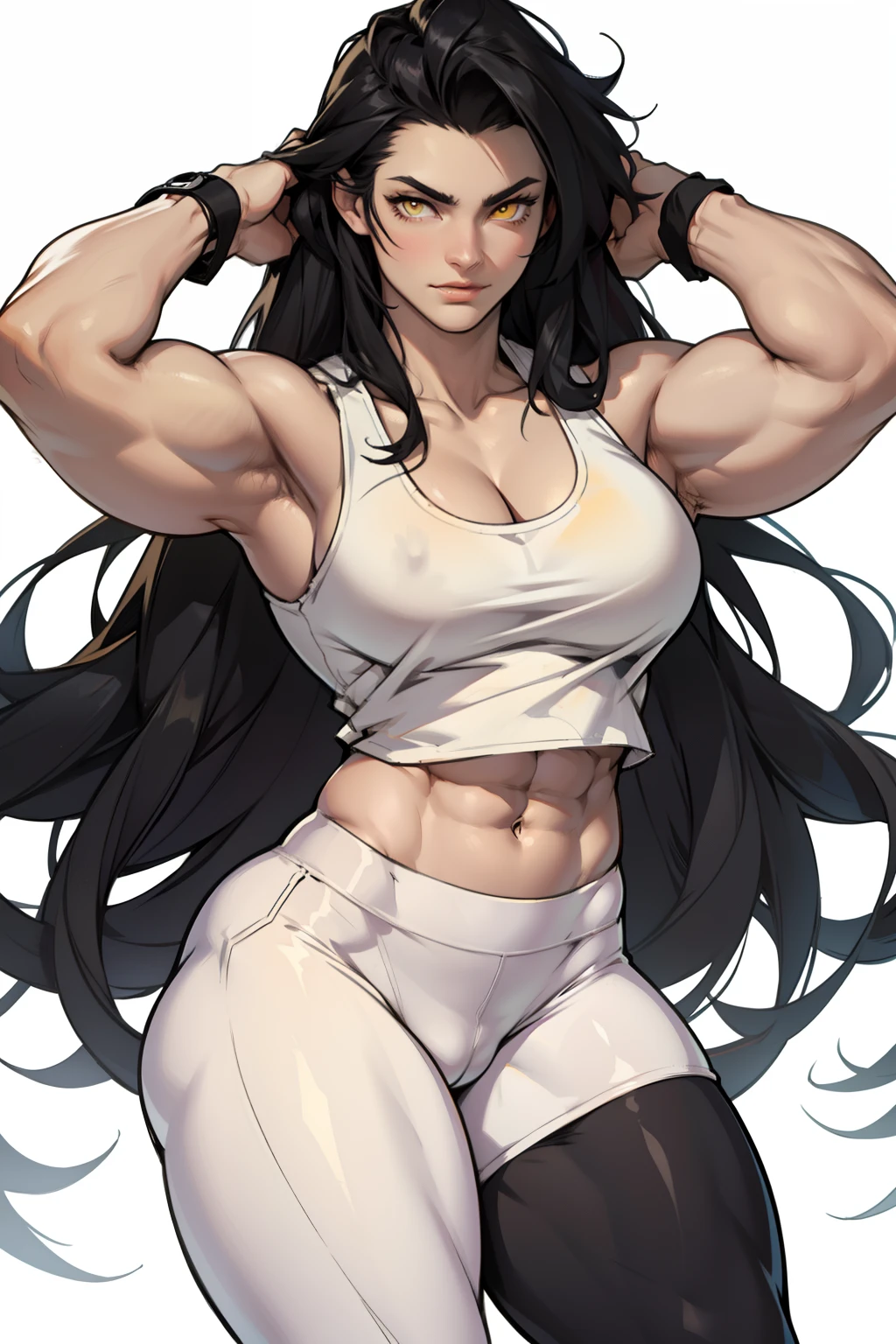 black hair, very long hair, yellow eyes, thick thighs, large breasts, (muscular), pale skin, leggings, tank top, toned body
