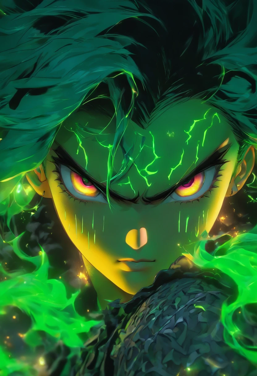 master part, best quality, Cara jovem adulto anime, Messy spiky wavy black hair, thick-rimmed black square glasses, Black jacket, camisa verde brilhante, olhos verdes, colar de corrente com um pingente de estrela prateada, ambas as orelhas perfuradas, Dynamic angle, sozinho, textura natural da pele, Olhos pretos realistas e detalhes faciais :5),(Escuro :1. 4), Sombras profundas Olhos e rosto detalhados, olhos negros afiados, Sem delineador preto, Detailed gothic costumes, cabelos pretos, Nikon D850 filme, surreal, Authentic textures, Dramatic, The lighting, illusory engine, (clareza facial :1). 5), (roupas transparentes :1); 1) Gothic style, renda preta, tatuagem