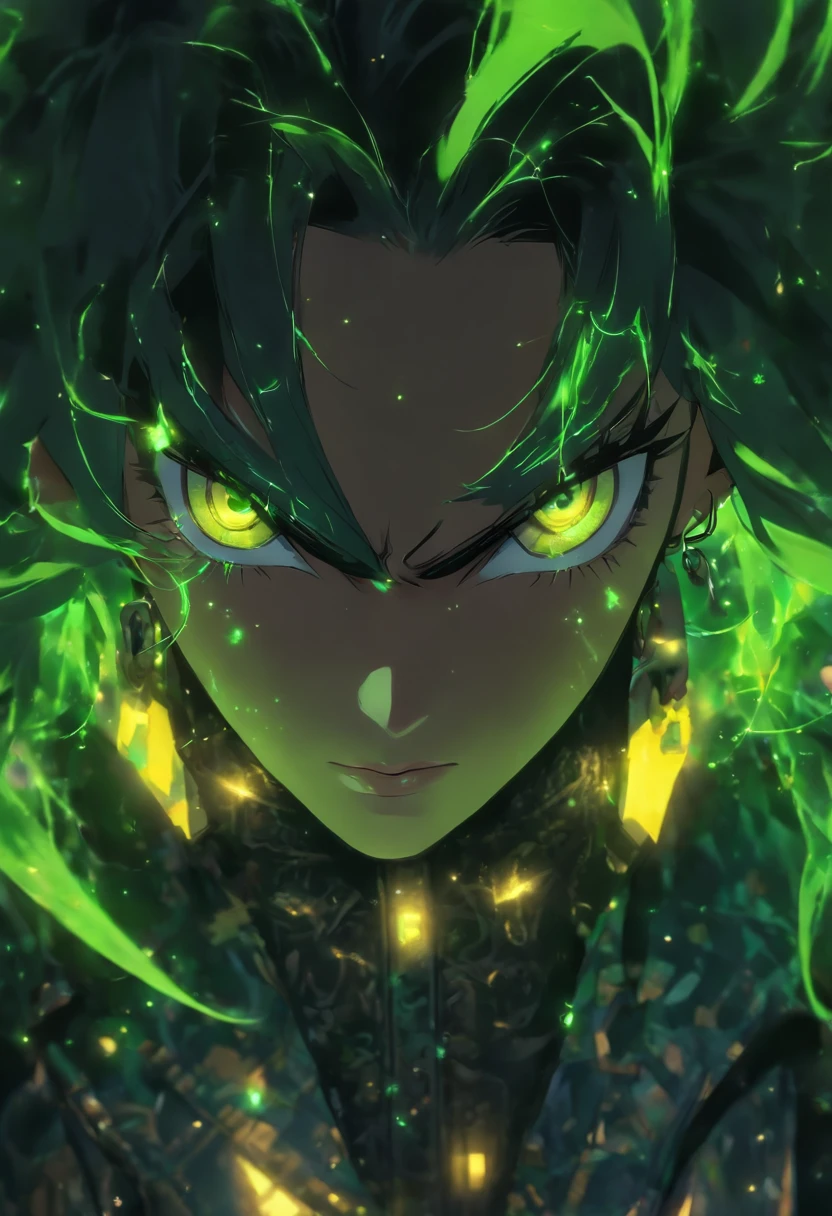 master part, best quality, Cara jovem adulto anime, Messy spiky wavy black hair, thick-rimmed black square glasses, Black jacket, camisa verde brilhante, olhos verdes, colar de corrente com um pingente de estrela prateada, ambas as orelhas perfuradas, Dynamic angle, sozinho, textura natural da pele, Olhos pretos realistas e detalhes faciais :5),(Escuro :1. 4), Sombras profundas Olhos e rosto detalhados, olhos negros afiados, Sem delineador preto, Detailed gothic costumes, cabelos pretos, Nikon D850 filme, surreal, Authentic textures, Dramatic, The lighting, illusory engine, (clareza facial :1). 5), (roupas transparentes :1); 1) Gothic style, renda preta, tatuagem