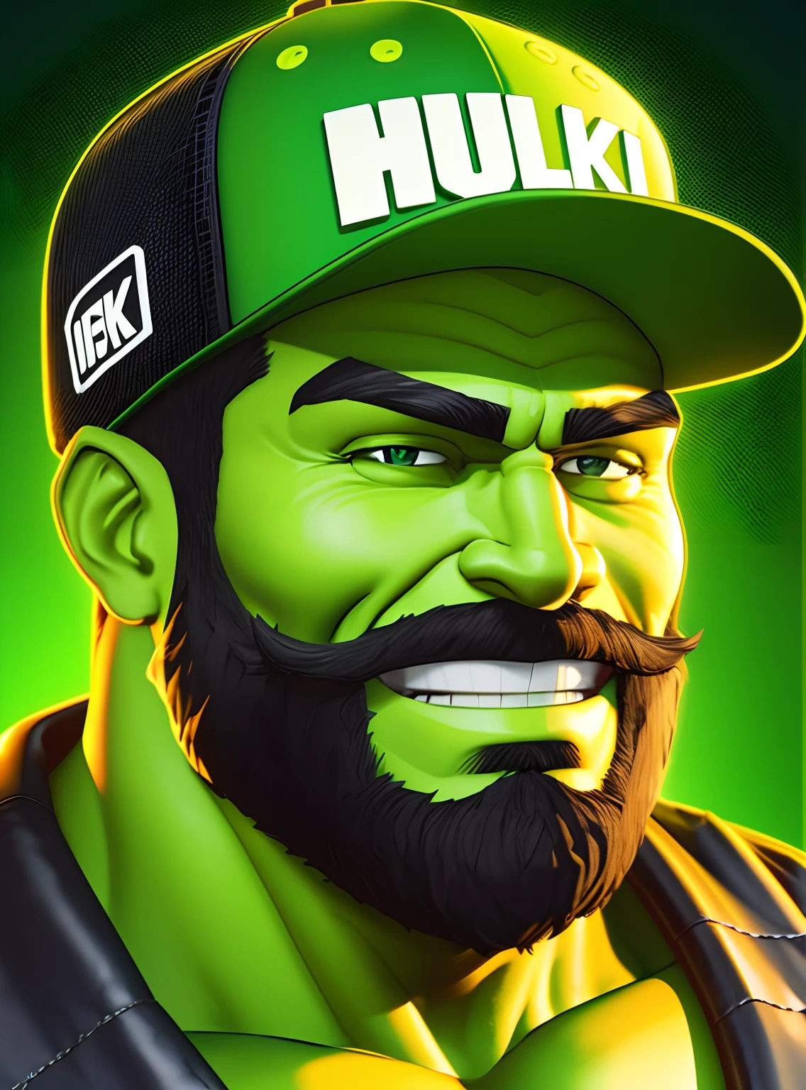 The DJ Hulk , smiling, green face::3 , wearing a hip-hop cap, with a beard, close-up view, seen from the front, handsome and masculine man, Photorealistic, 8k photography , Cinema 4D, --auto --s2