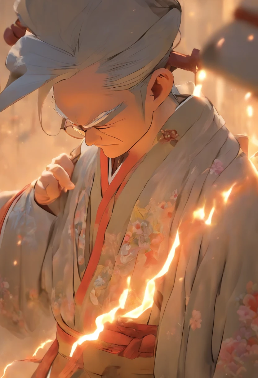 （Estilo Pixar), (old man:1.1,personagem de desenho animado), (round eyeglasses:1.1), (barba branca,bald head:1.1), (, (Chinese Style Gray Robe:1.1), (rosto enrugado:1.1), (traje tradicional, traje de samuai :0.9), (Chinese style of landscape painting:1.1), (uma espada nas costas)，(holding an electric guitar)，Modelo de personagem em miniatura, fonte de luz da direita para a esquerda, Rum lighting, fonte de luz da direita para a esquerda, Realistic proportions, Post-processing, ((perspectiva ortogonal)), Super Detalhe, Realistic, super realistic, photoreal render,
