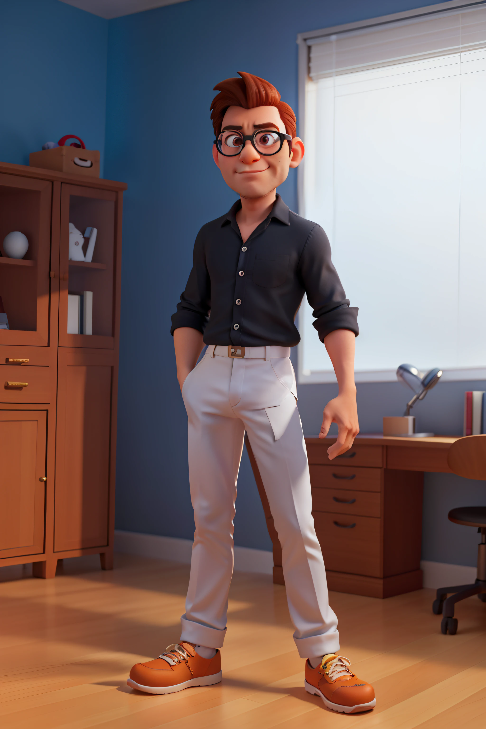Cartoon character of a man with black glasses and a white shirt, computador no fundo, cavanhaque curto, animation character, Caractere estilizado, animation style rendering, 3D estilizado, Arnold Maya render, 3 d render stylized, toon render keyshot, Personagem 3D, Personagem 3D, 3d rendering stylized, 3 d character render, personagem de desenho animado, Personagem de close up, Pose de personagem, (Estilo Pixar) (master part:1.2) (Bokeh) (best quality) (pele detalhada) (textura detalhada) (8k) (argila) (Cinematic lighting) (foco nítido
