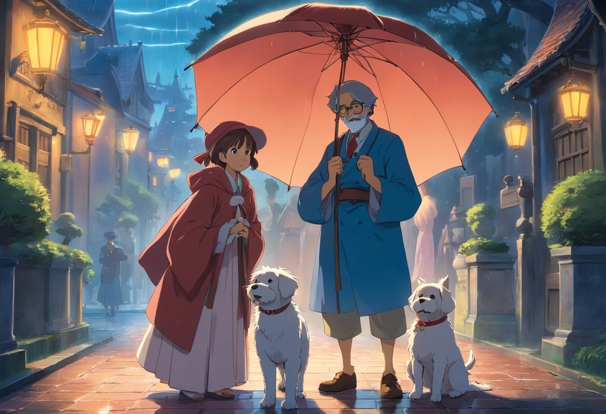 Adetailed scene, stunning details, trending on artstation, rainy day, ray-traced environment, vintage 90's anime artwork. Two men in their 20s hugging a Maltese dog. One man has dark skin, curly hair and a blue cap and the other white, has a beard. They are dressed up as zombies for Halloween. In the background there is a haunted mansion.