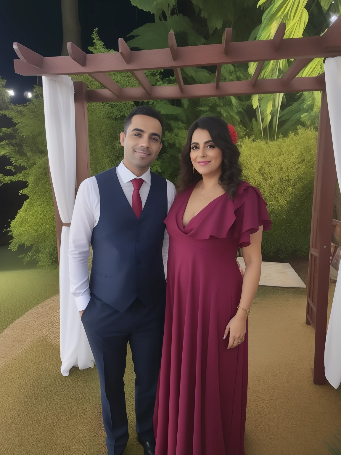 There's two people together in a garden, Lovely couple, Fotografia tirada em 2 0 2 0, Postagem 4k, 4 k post, noivos, album photo, vestindo trajes formais vermelhos, taken in the early 2020s, imagem de qualidade muito baixa, suave em _ O pano de fundo, tomada em 2 0 2 0, veja os detalhes