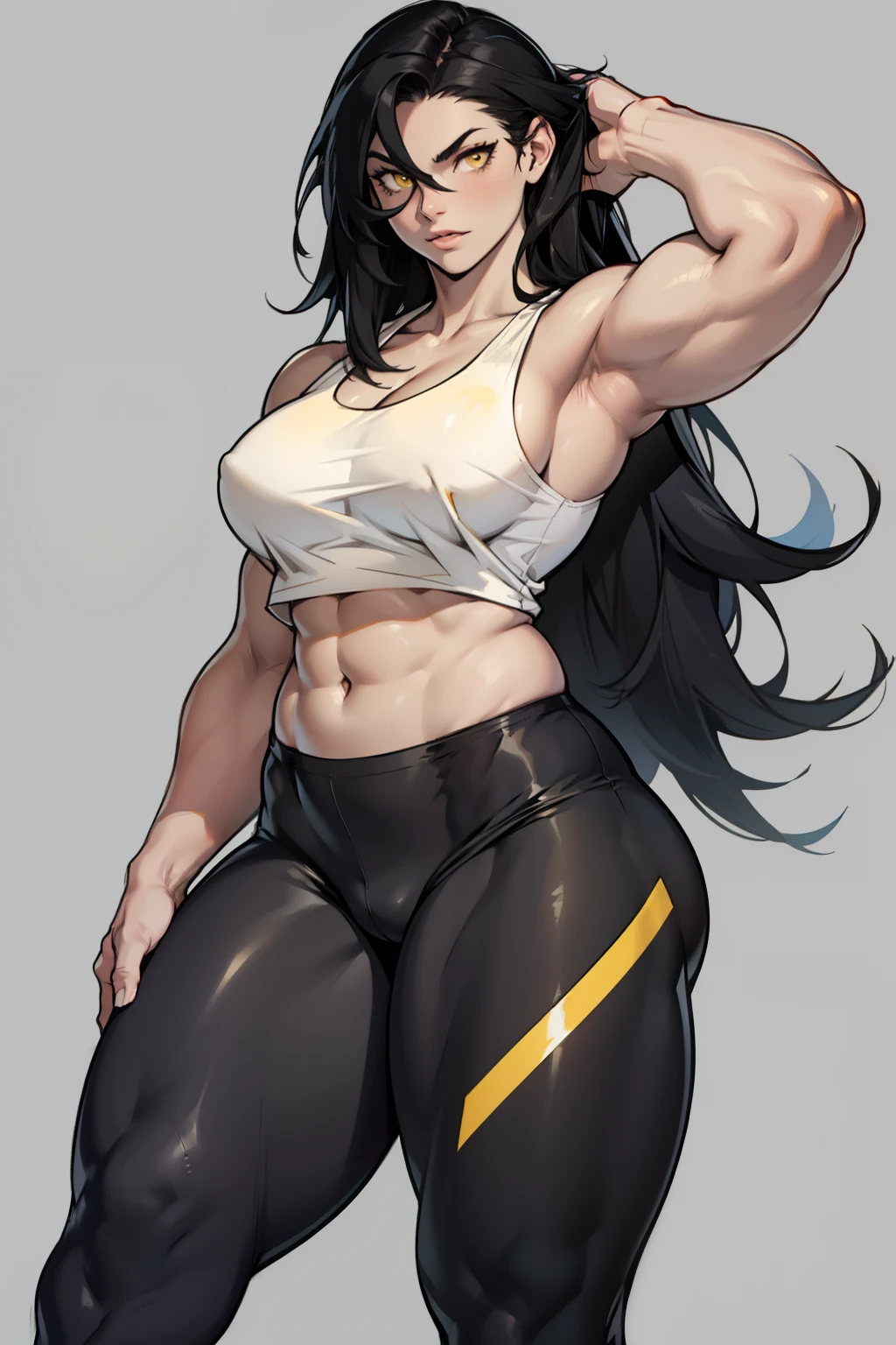 black hair, very long hair, yellow eyes, thick thighs, large breasts, (muscular), pale skin, leggings, tank top, toned body