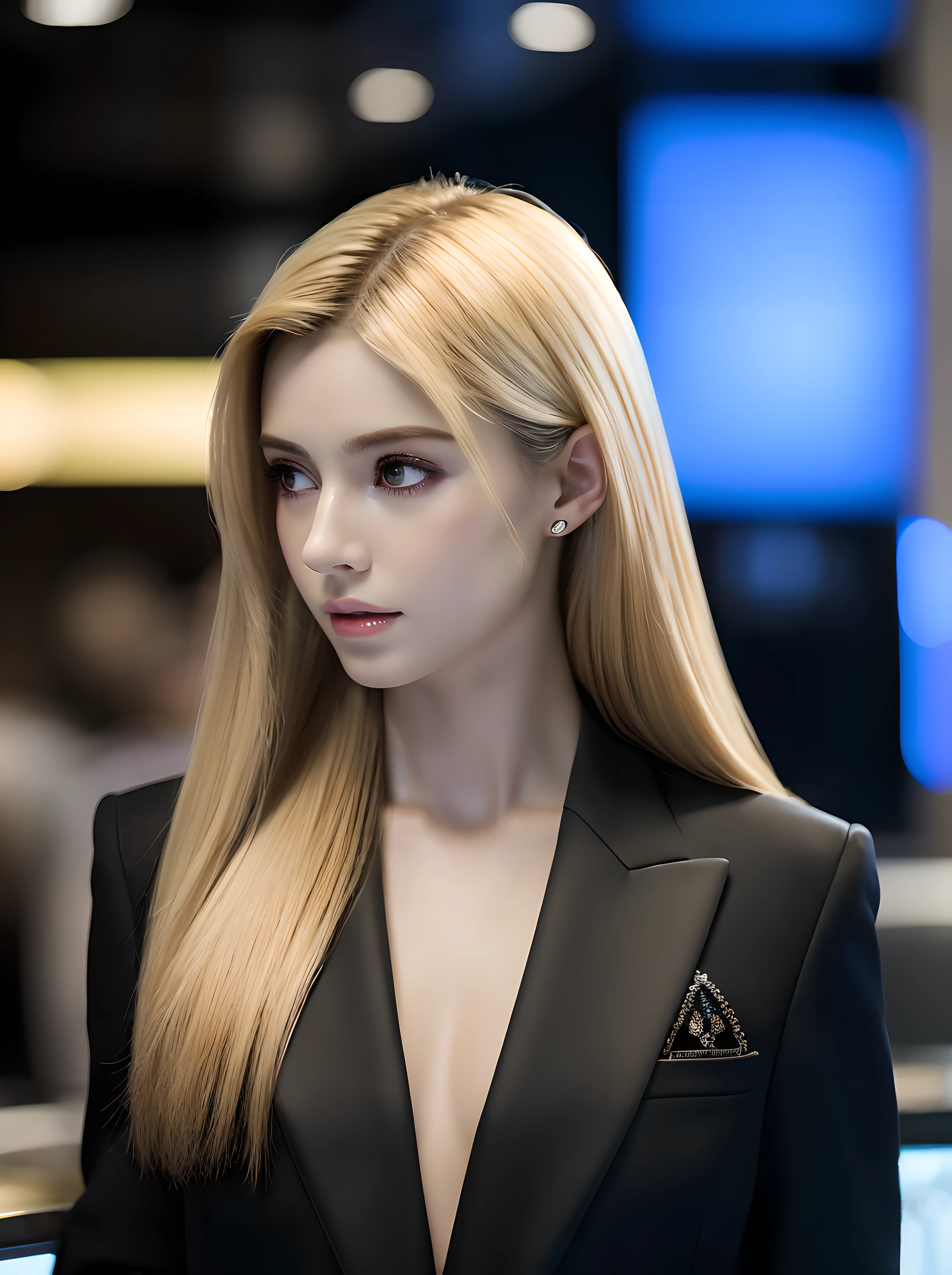 ((18-year-old girl in a black business suit)), Perfect Blonde, a 1girl, extra very long hair, ((Shiny snow-white skin)), 3d rendered character art 8 K, trending on cgstation, A detailed eye, symmetric eyes, a perfect face, the perfect body, (intricate details:0.9), (HDR, hyper-detailing:1.2), (natural skin textures, hyper realisitc, soft light, Sharp), (Intricate Detail 1.5), near the bar counter.