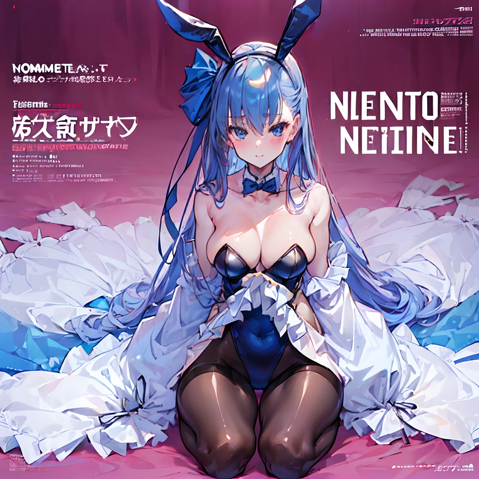 (Best Quality, 16 K, ultra-detailliert, Photorealistic, Beautiful skin, Professional Lighting){{{masutepiece}}}, Best Quality, Full body, Staring,Meltrilith - Fate Grand Order, Bunny Suit Bunny Girl Cosplay, SFW, Upper body ,delighted expression, 独奏, Long blue hair, Blue eyes,(Woman on the cover of a magazine:1.5),(Engrave a magazine logo), (Magazine Text), (magazine title:1.1),flat chest, lack of breasts, {{Moe Sleeve}}