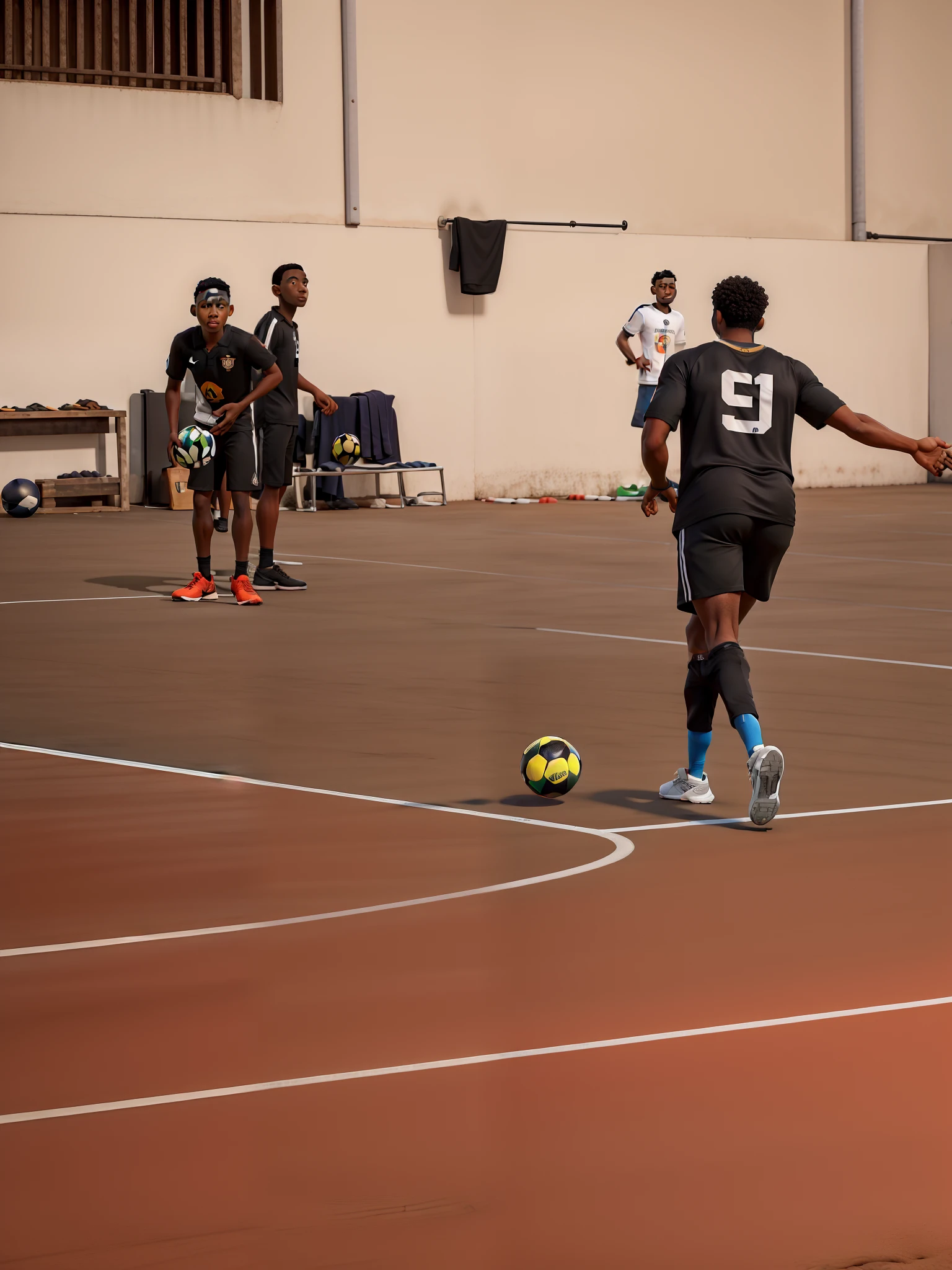 master part, best quality, um garoto negro, vestindo uma camisa preta, short preto, chuteira branca, chutando uma bola, em uma quadra de futsal