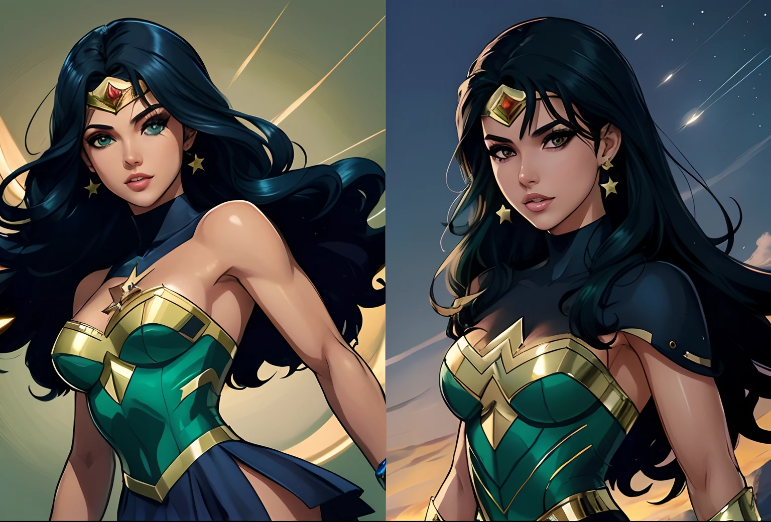 mulher maravilha, cabelos pretos, cabelos longos, olhos verdes, uniforme amarelo, A closeup of two women in costumes with a sky background, estilo artgerm, quadrinhos artgerm, Steven Artgerm Quatro, no estilo artgerm, Estilo de Arte DC Comics, Artgerm e Wlop, estilo artgerm, Artgerm e Warren Louw, Artgerm JSC, Artgerm extremamente detalhado