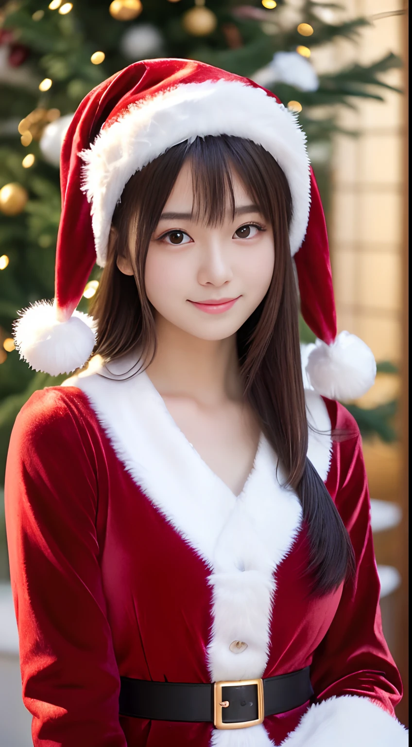 masutepiece, Best Quality, Illustration, Ultra-detailed, finely detail, hight resolution, 8K Wallpaper, Perfect dynamic composition, Beautiful detailed eyes, Long sleeve knit with shoulder extension,Bob Hair, mid-chest, Natural Color Lip, Random and sexy poses,Smile,20 years girl, Xmas Tree,Xmas Party,Santa Claus Costume:1.2,