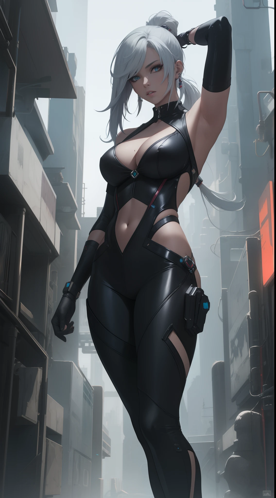 Futuristic, cyberpunk, Best quality, masterpiece, 16K, HDR, RTX, unreal engine 5, octane render, realistic, highly detailed, Beautiful, cool, edgy, model, sexy woman, sexy top, black pants, midriff, sexy, stylish, rich, elegant, cleavage, long pony tail, bangs, jewelry.