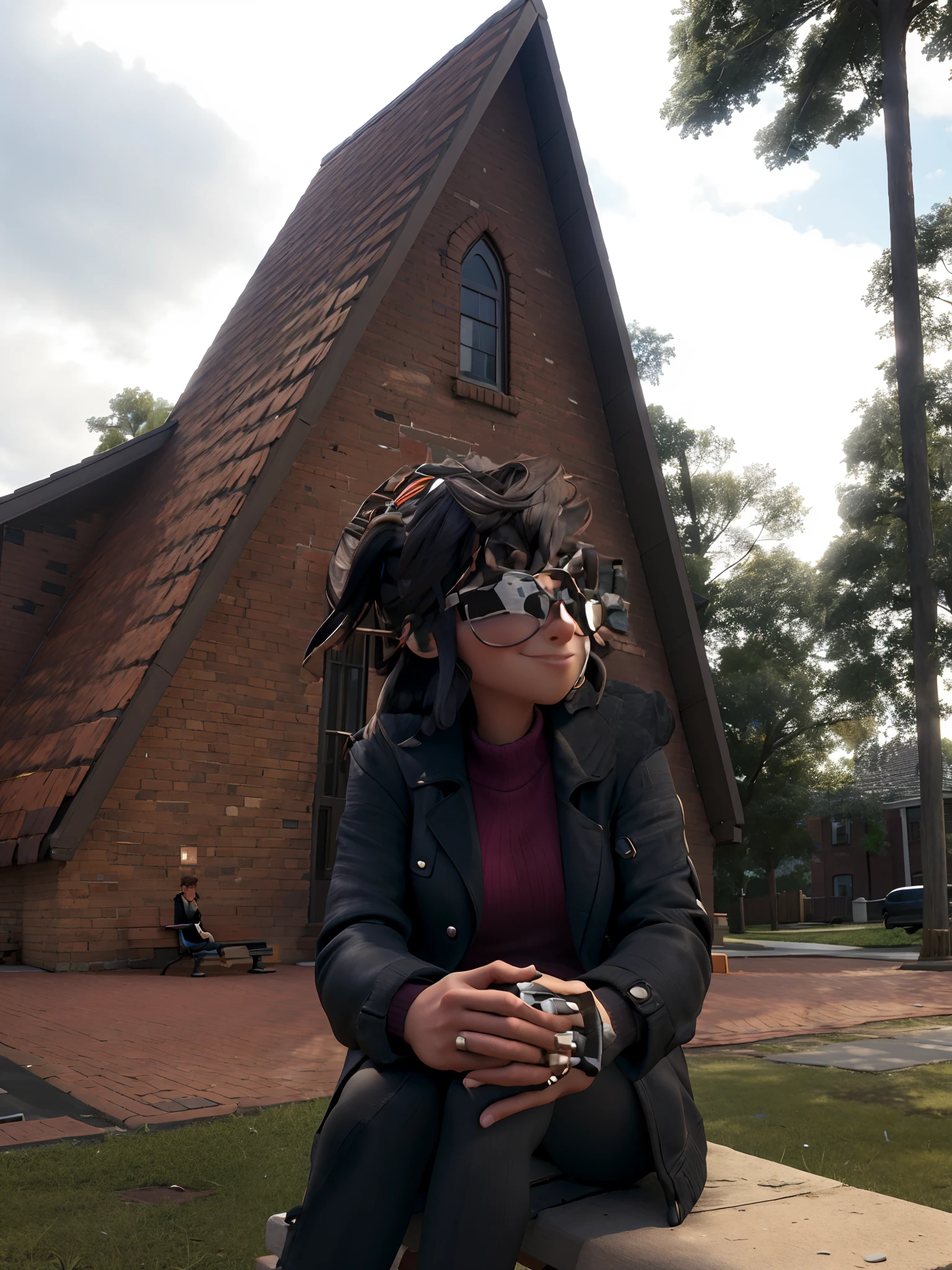 The image shows a woman sitting on a bench in front of a brick building with a triangular roof. She is wearing a black jacket and sunglasses, And your legs are crossed. The bench she is sitting on is located in the foreground, while the brick building serves as the main background element. The scene appears to be a casual, laid-back outdoor setting.