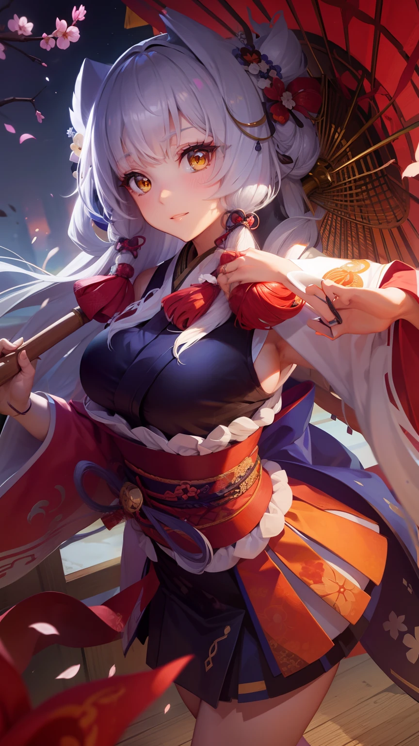 woman, long silver hair, kimono, long sleeves, big boobs,beatiful face, yellow eyes