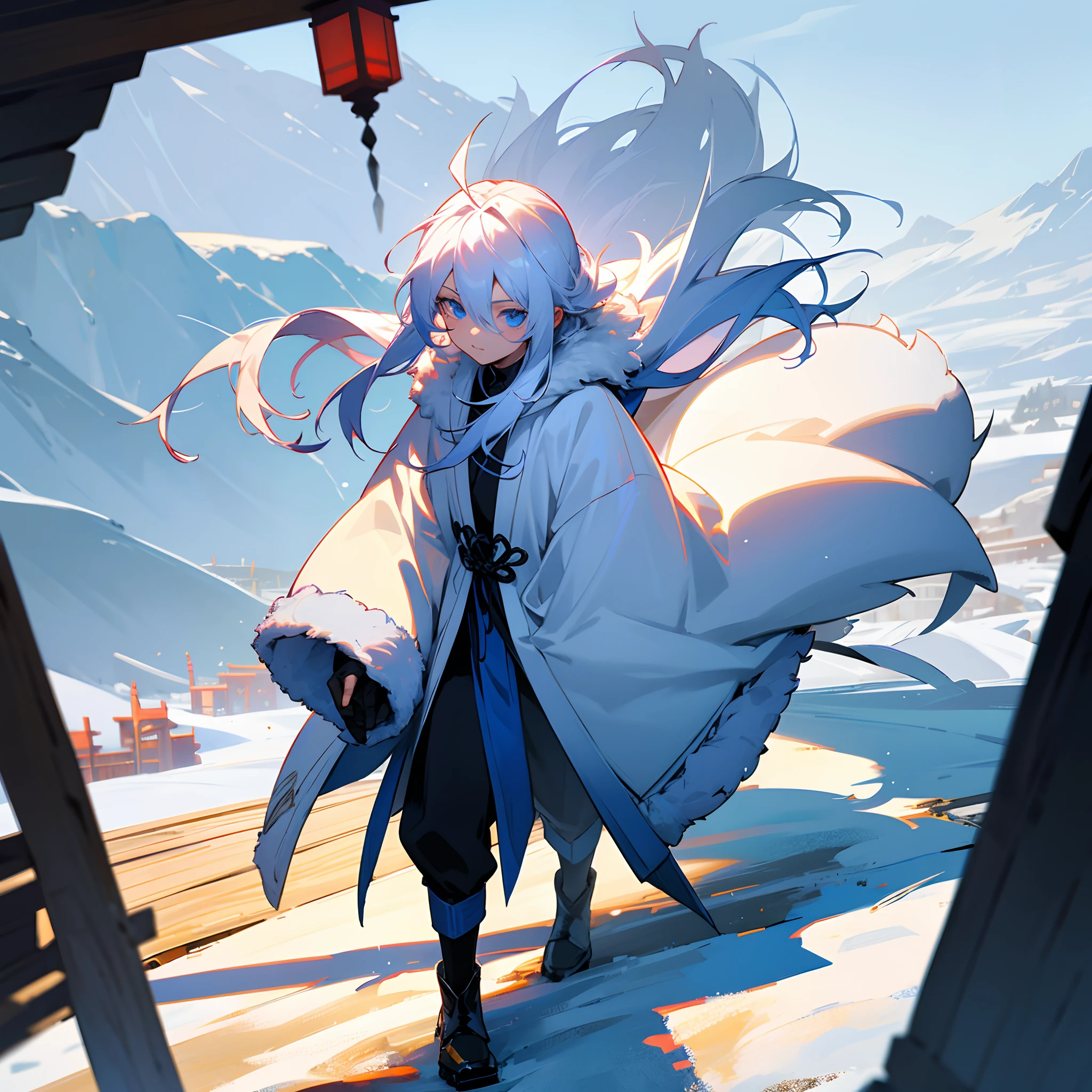 1male, , long white hair, finely detailed blue eyes, loose casual clothing, jacket with oversized fur hood, walking down path, snowy mountain, lanterns, best lighting and shadows