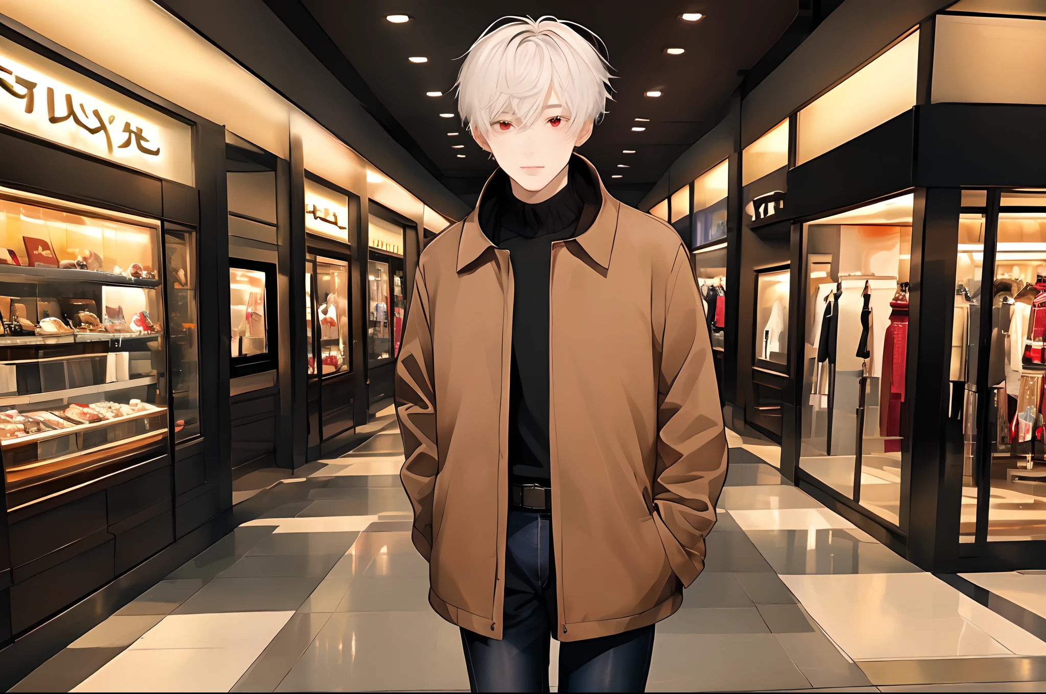 (4K works))、masterpiece、(top-quality)、((shopping mall))、Korean Male、Adult male、((Adult 50 years old))、((Adult uncle type))、((Leather Jeans Style))、((Face similar to Hyunjin))、Cool Men、tall、((Gentle face))、((Cool werewolf fashion in black))、((Long sleeve long trouser style))、((Smaller face))、Slim body、((Uncle))、((white hair))、((white short-haired))、((Red Eyes))、((shot from front))、((Shot alone))、((Solo Photography))、Professional Photos、((Reach out to your audience))、((He walks in front of the viewer))、((dad bod))、