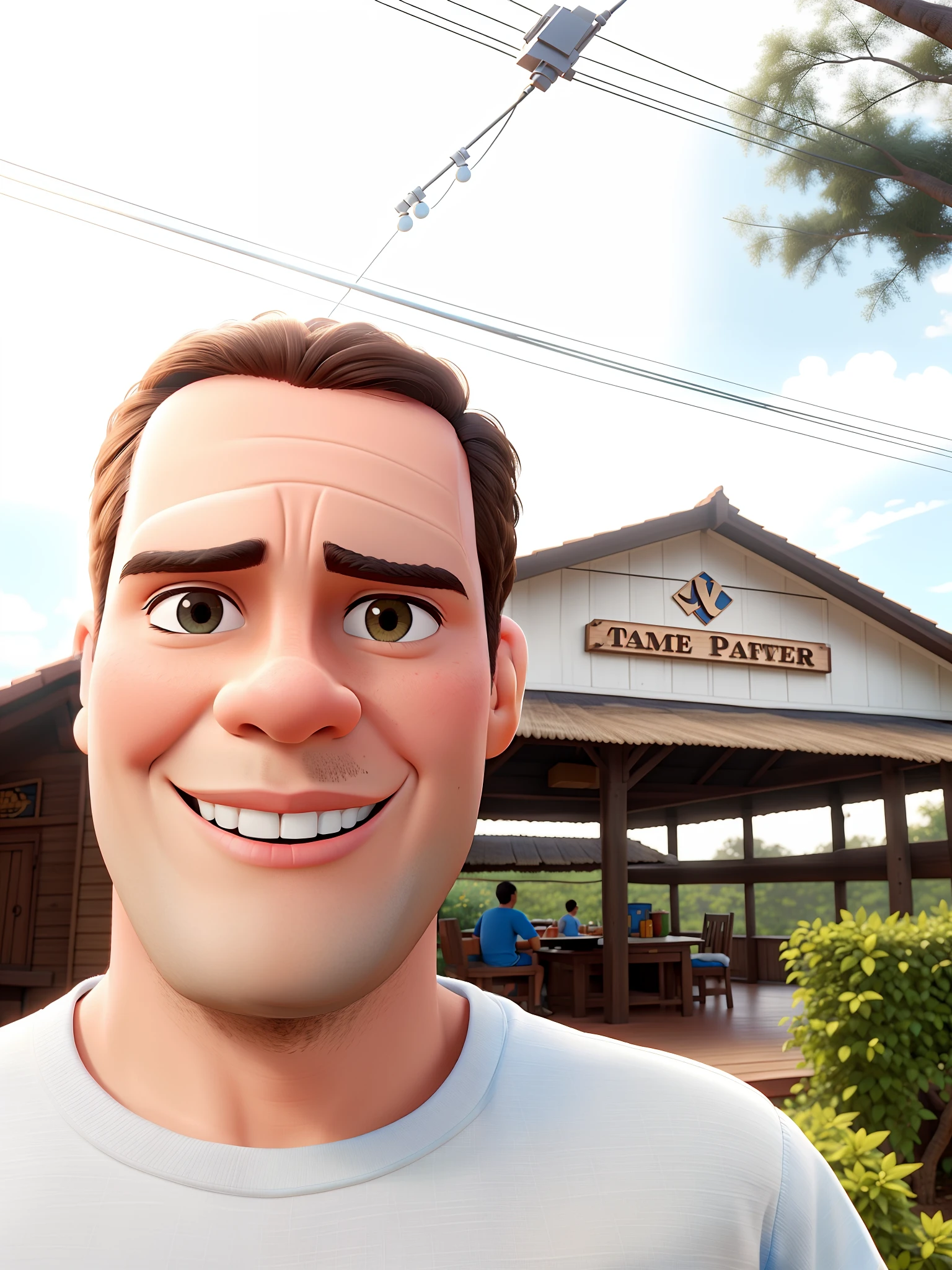 Recreate the photo in Disney pixar style high quality high resolution, homem com olho preto.