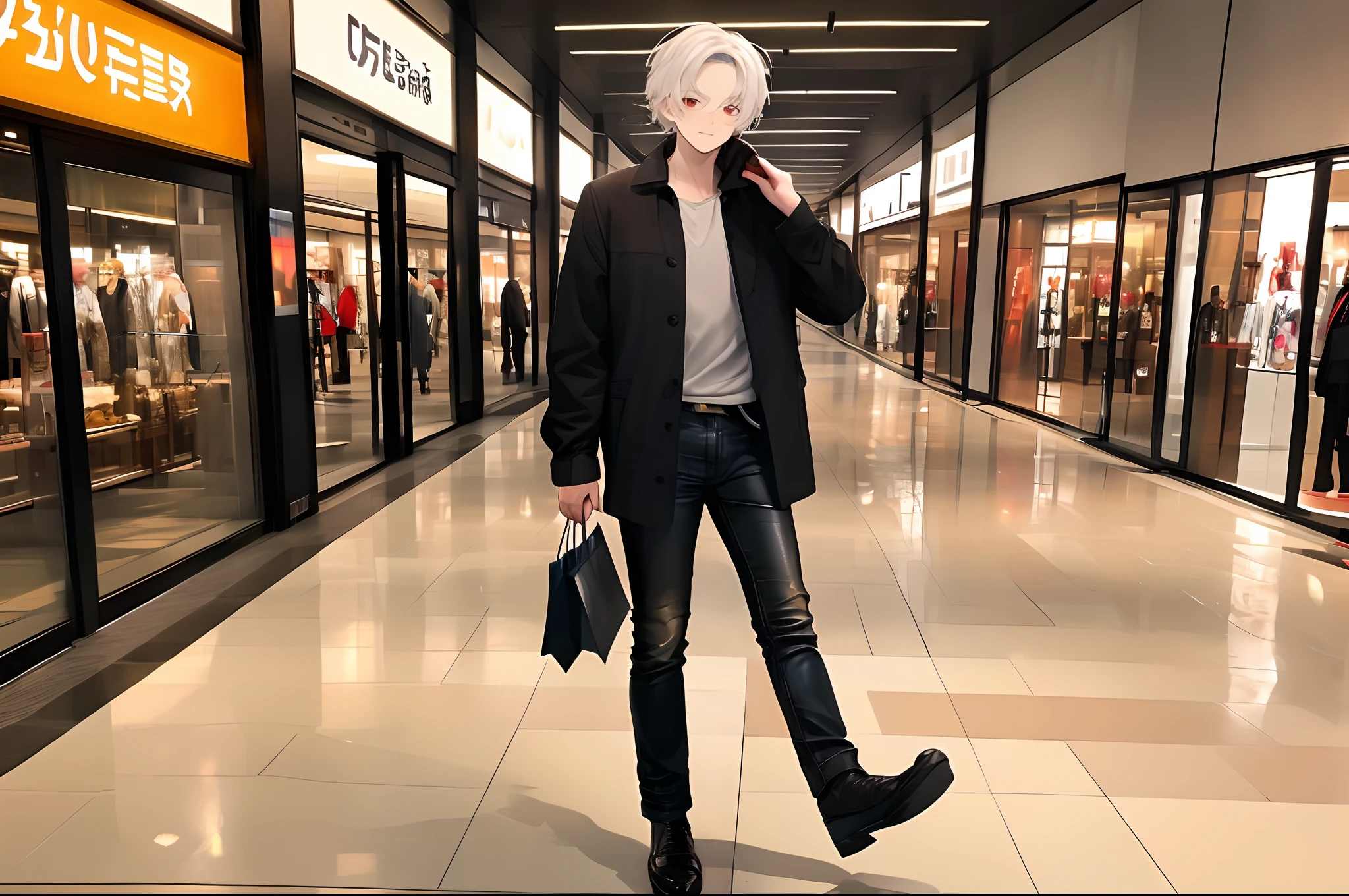 (4K works))、masterpiece、(top-quality)、((shopping mall))、Korean Male、Adult male、((Adult 50 years old))、((Adult uncle type))、((Leather Jeans Style))、((Face similar to Hyunjin))、Cool Men、tall、((Gentle face))、((Cool werewolf fashion in black))、((Long sleeve long trouser style))、((Smaller face))、Slim body、((Uncle))、((white hair))、((white short-haired))、((Red Eyes))、((shot from front))、((Shot alone))、((Solo Photography))、Professional Photos、((Reach out to your audience))、((He walks in front of the viewer))、((dad bod))、