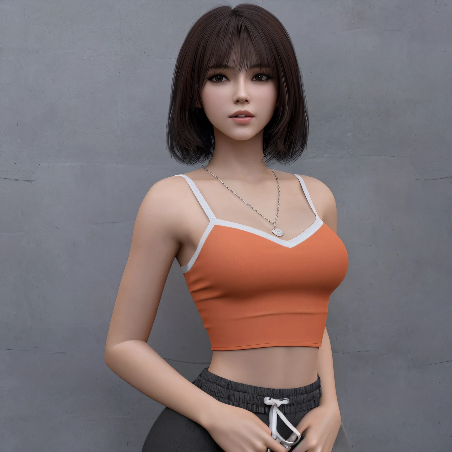 (masterpiece, best quality), a woman posing for a picture, short hair, orange bra top, necklace, realistic 3d style, trending on cgstation, anime style, 8k, game cg, photorealistic girl render, anime styled 3d, very realistic render, cute girl